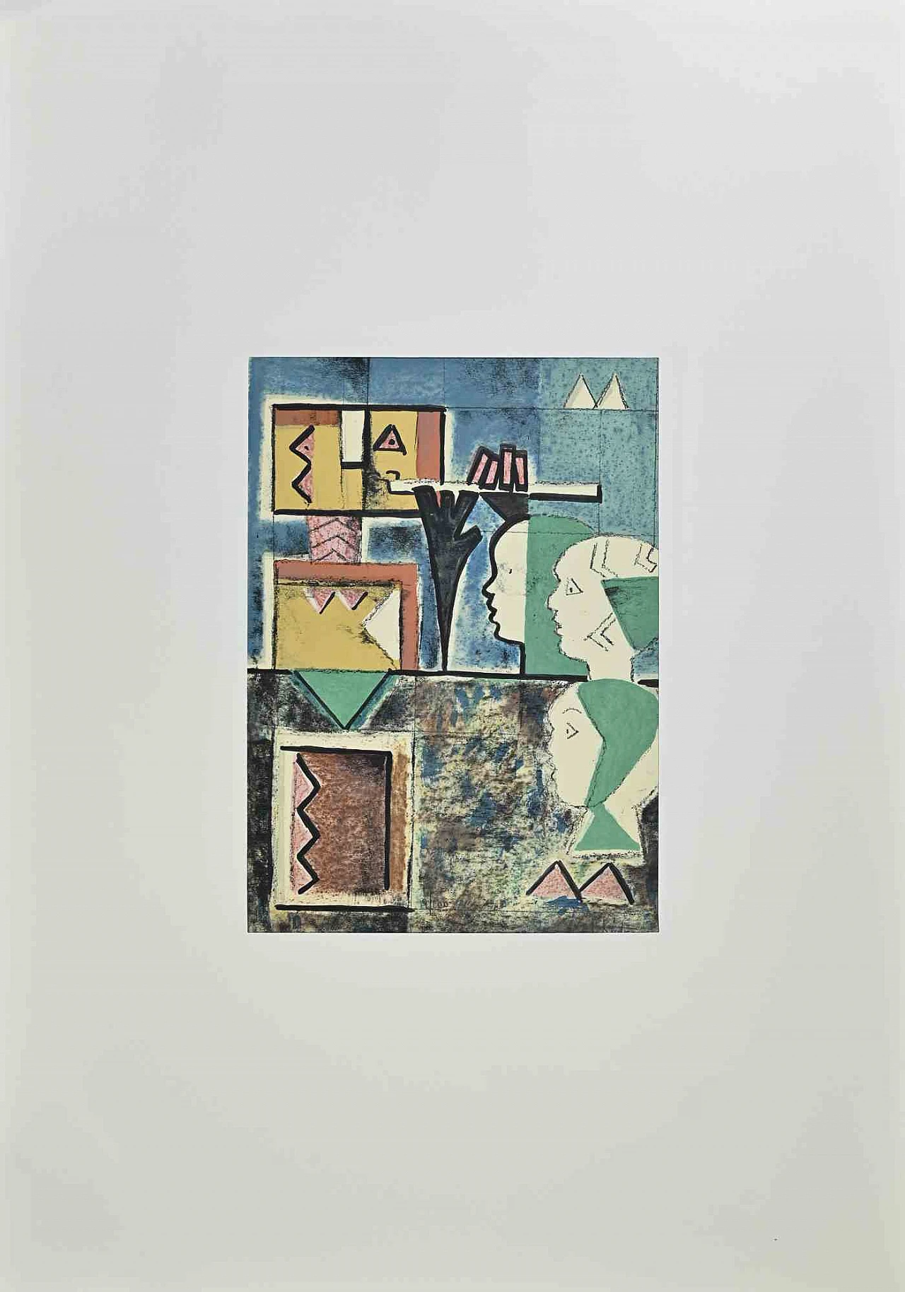 Ibrahim Kodra, Robot Playing Flute, Lithograph 1960s-1970s 1