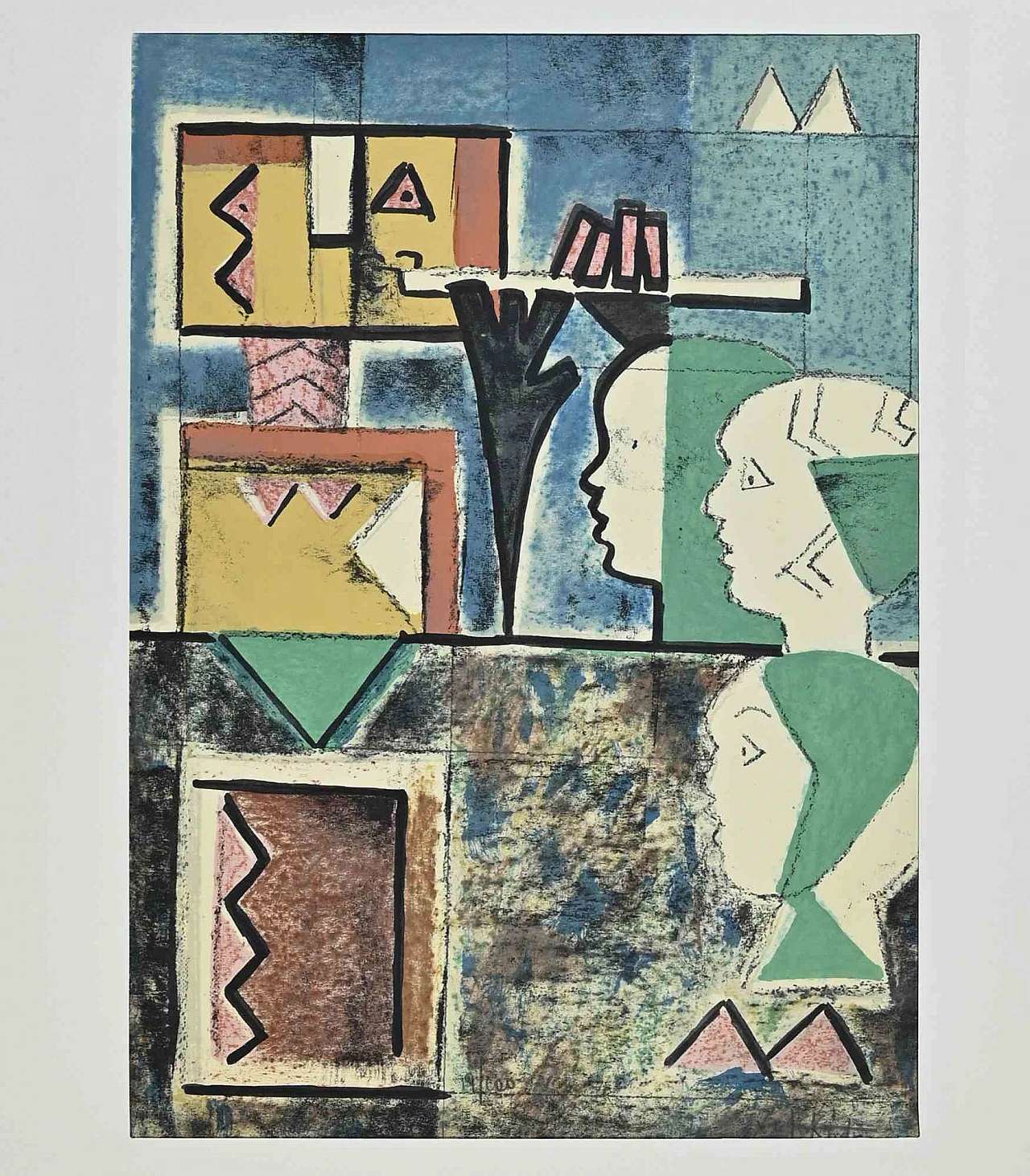 Ibrahim Kodra, Robot Playing Flute, Lithograph 1960s-1970s 2