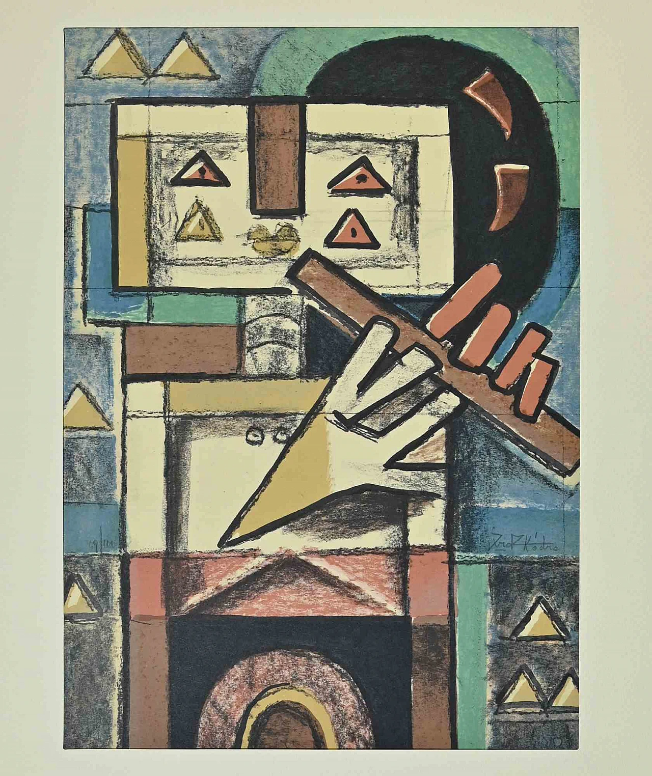 Ibrahim Kodra, Robot che suona il flauto, litografia 1960-1979 2