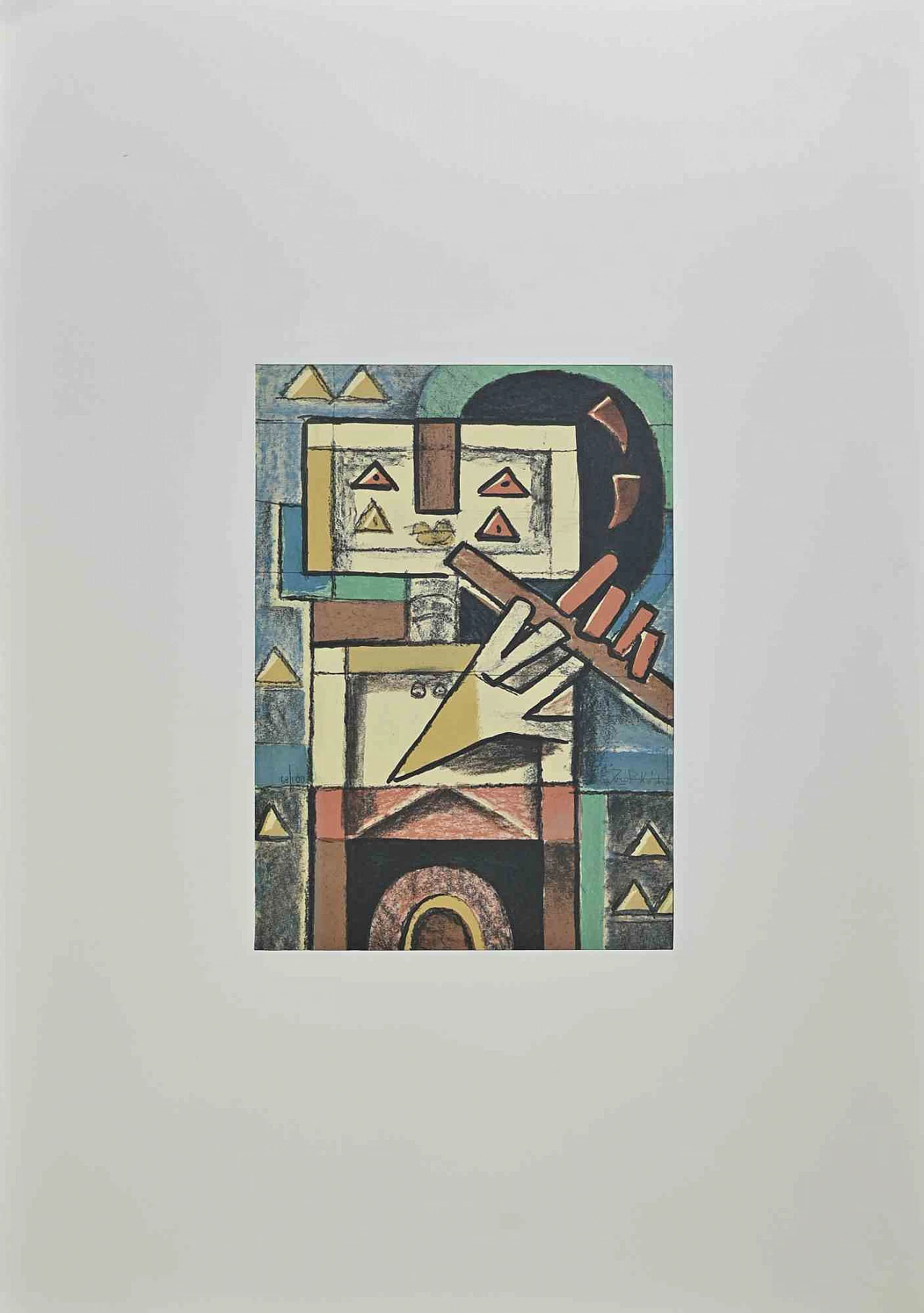 Ibrahim Kodra, Robot Playing Flute, Lithograph 1960s-1970s 1