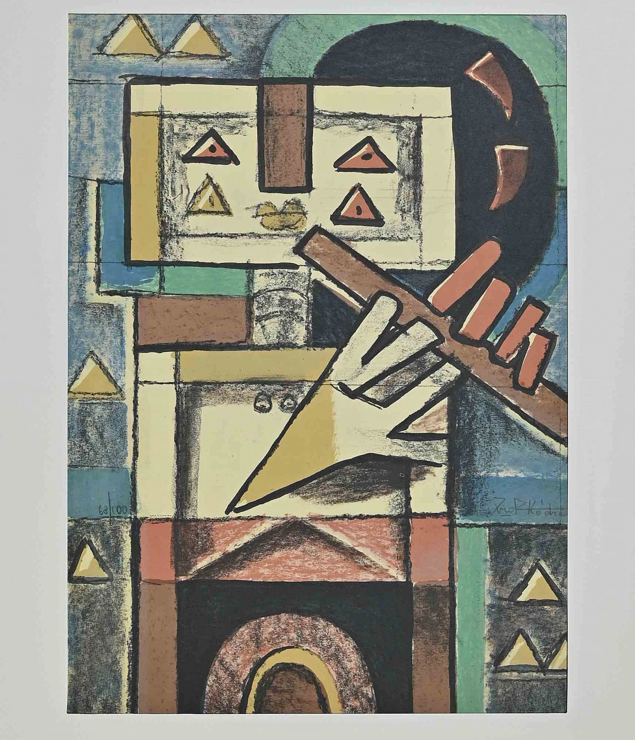 Ibrahim Kodra, Robot Playing Flute, Lithograph 1960s-1970s 3