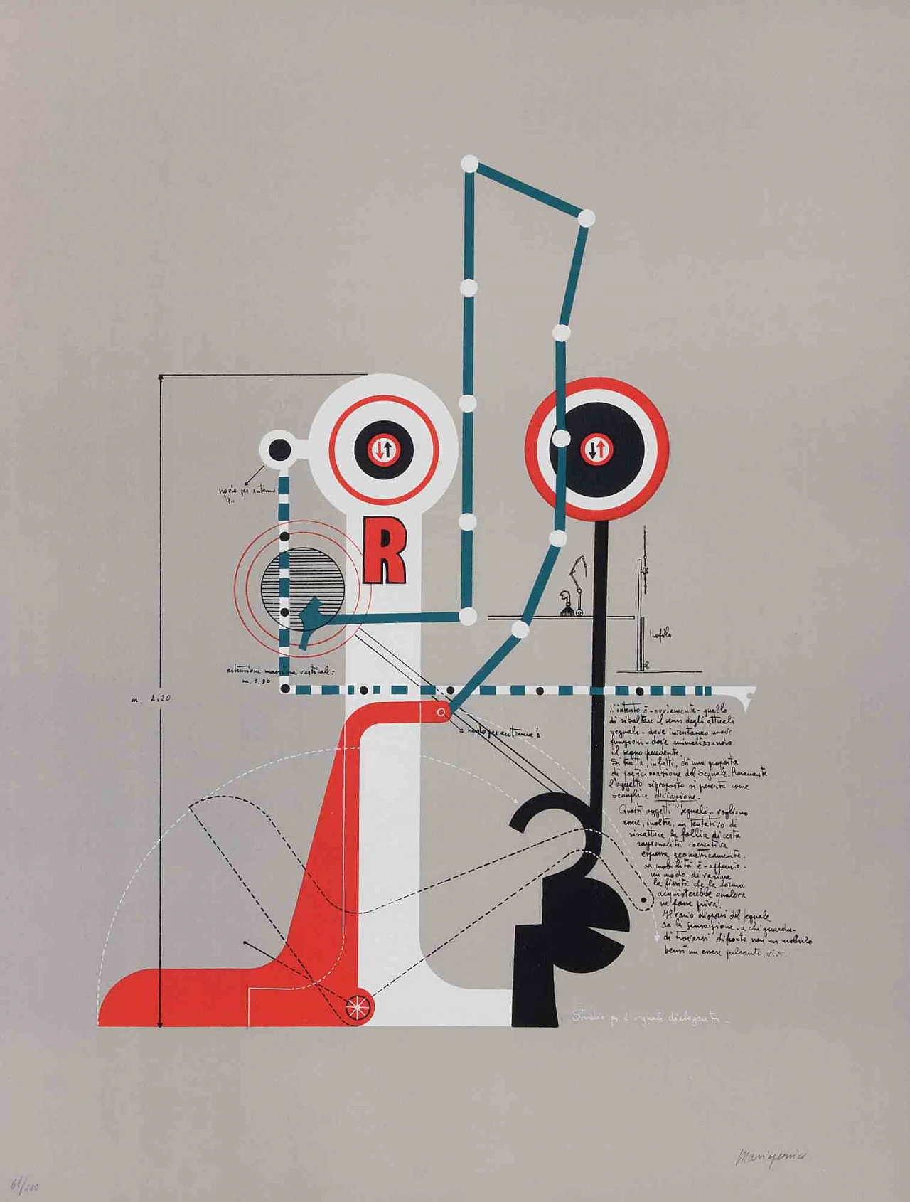 Mario Persico, Study for Two Communicating Signals, Lithograph 1960s-1970s 1