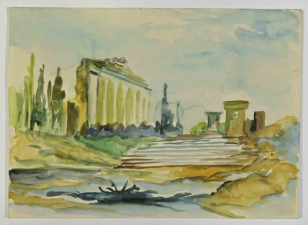 Marcel Guillard, Rovine antiche, Disegno ad acquerello Anni 2000 1