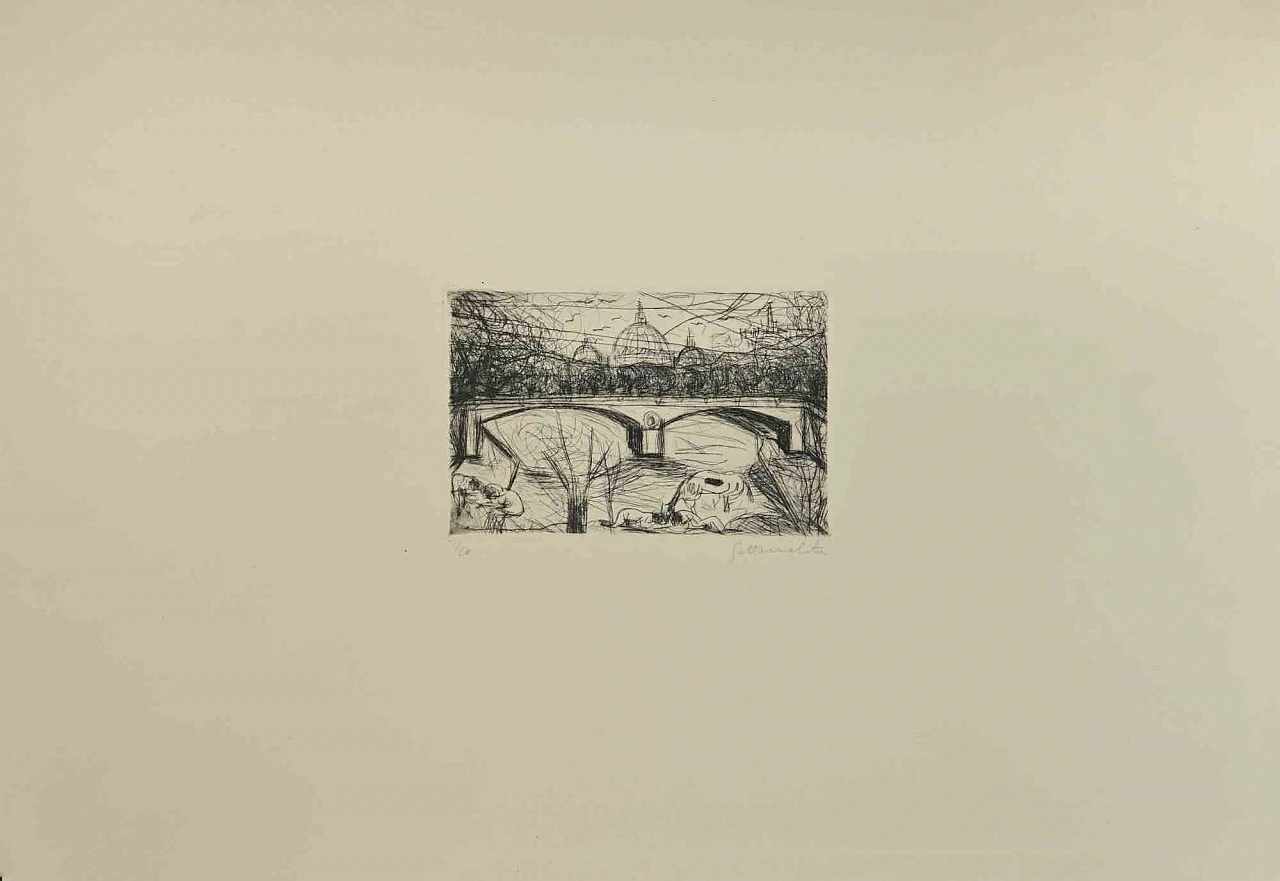 Nazareno Gattamelata, The View of St. Peter and Tiber in Rome, Etching 1980s-1990s 1