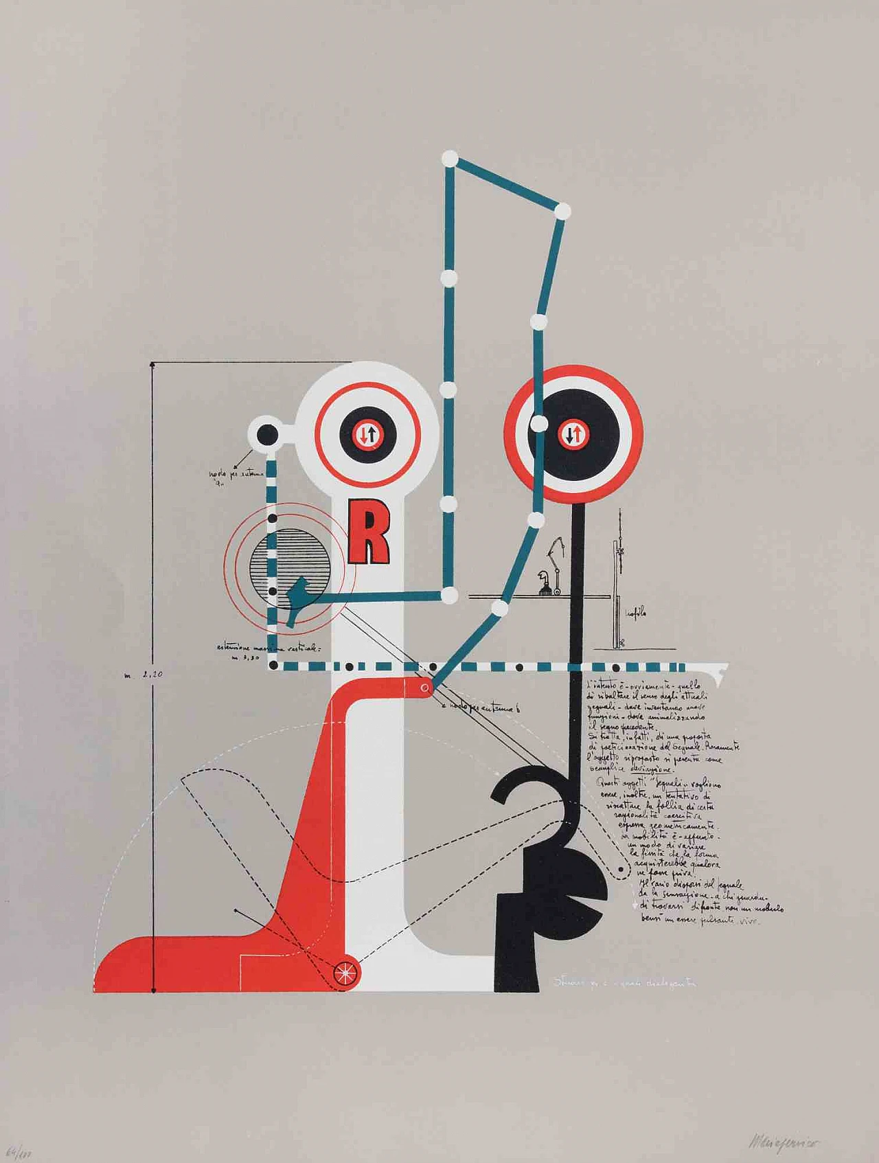 Mario Persico, Study for Two Communicating Signals, Lithograph 1960s-1970s 1