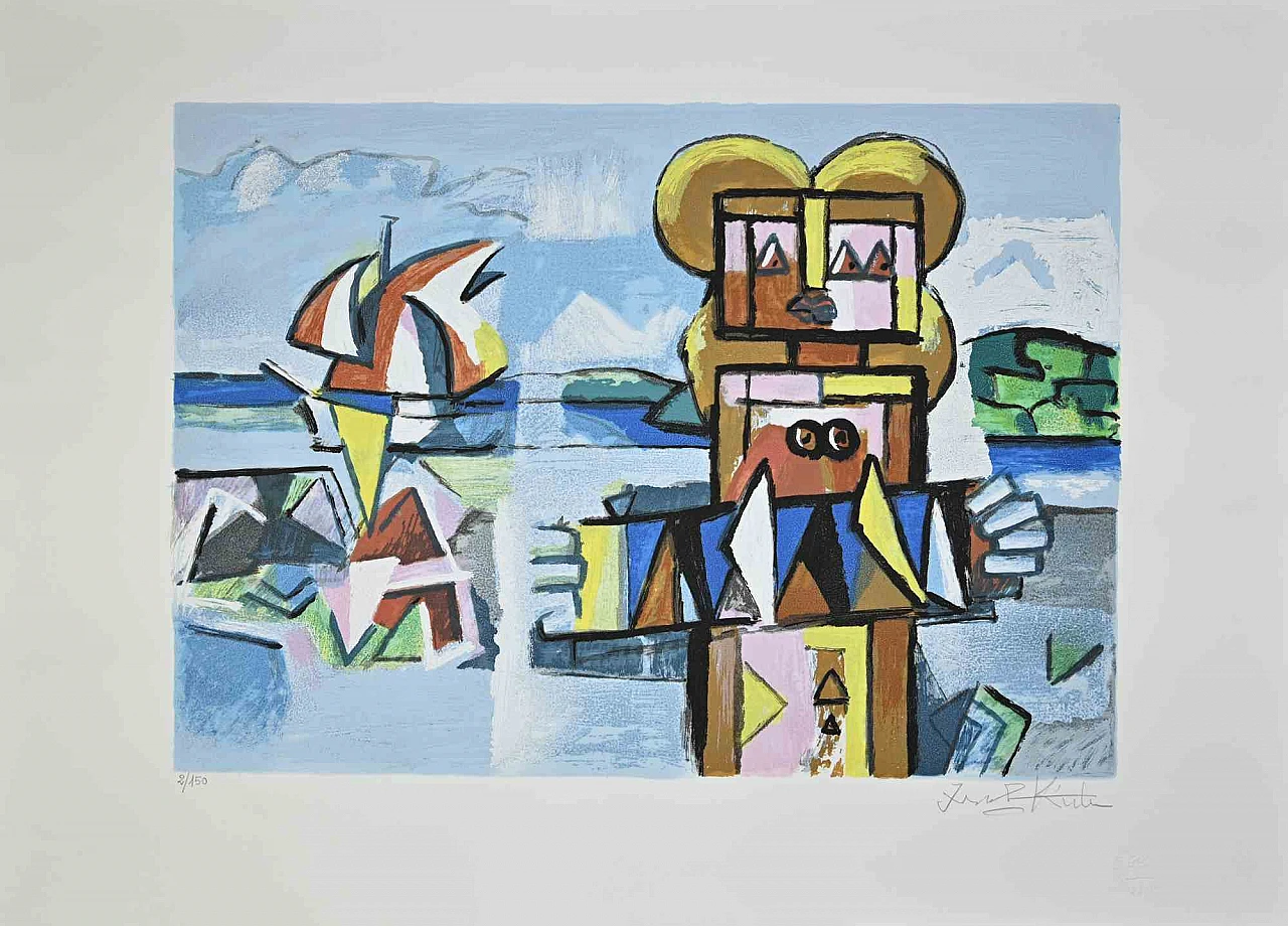 Ibrahim Kodra, Musician at the Sea, Lithograph 1980s-1990s 1