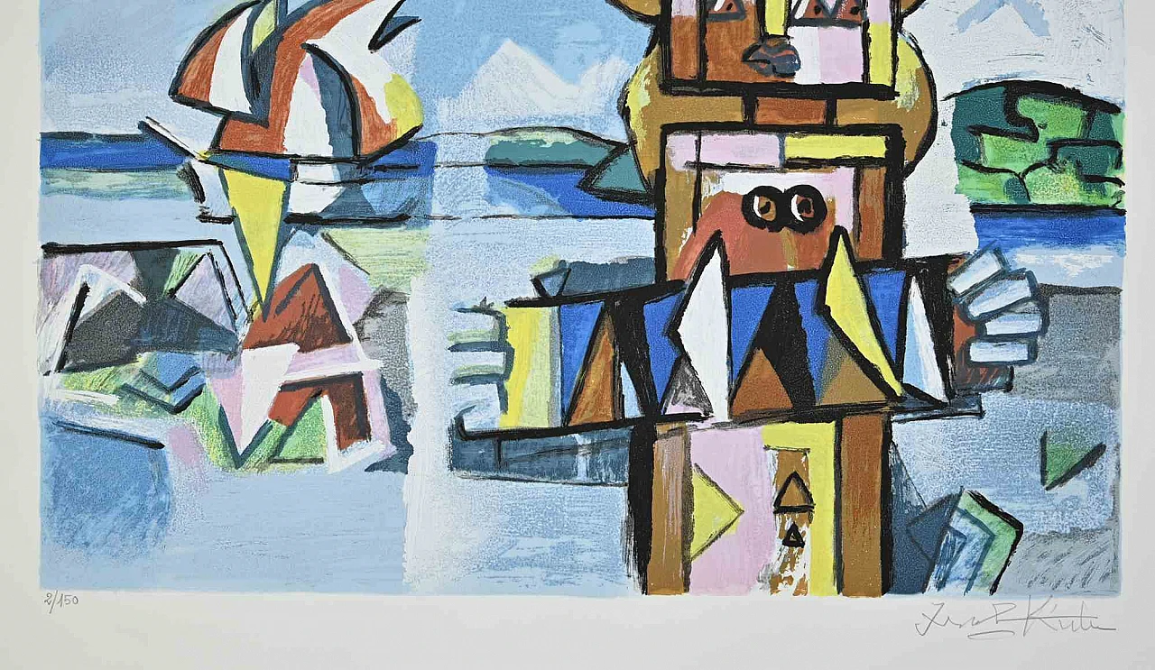 Ibrahim Kodra, Musician at the Sea, Lithograph 1980s-1990s 2