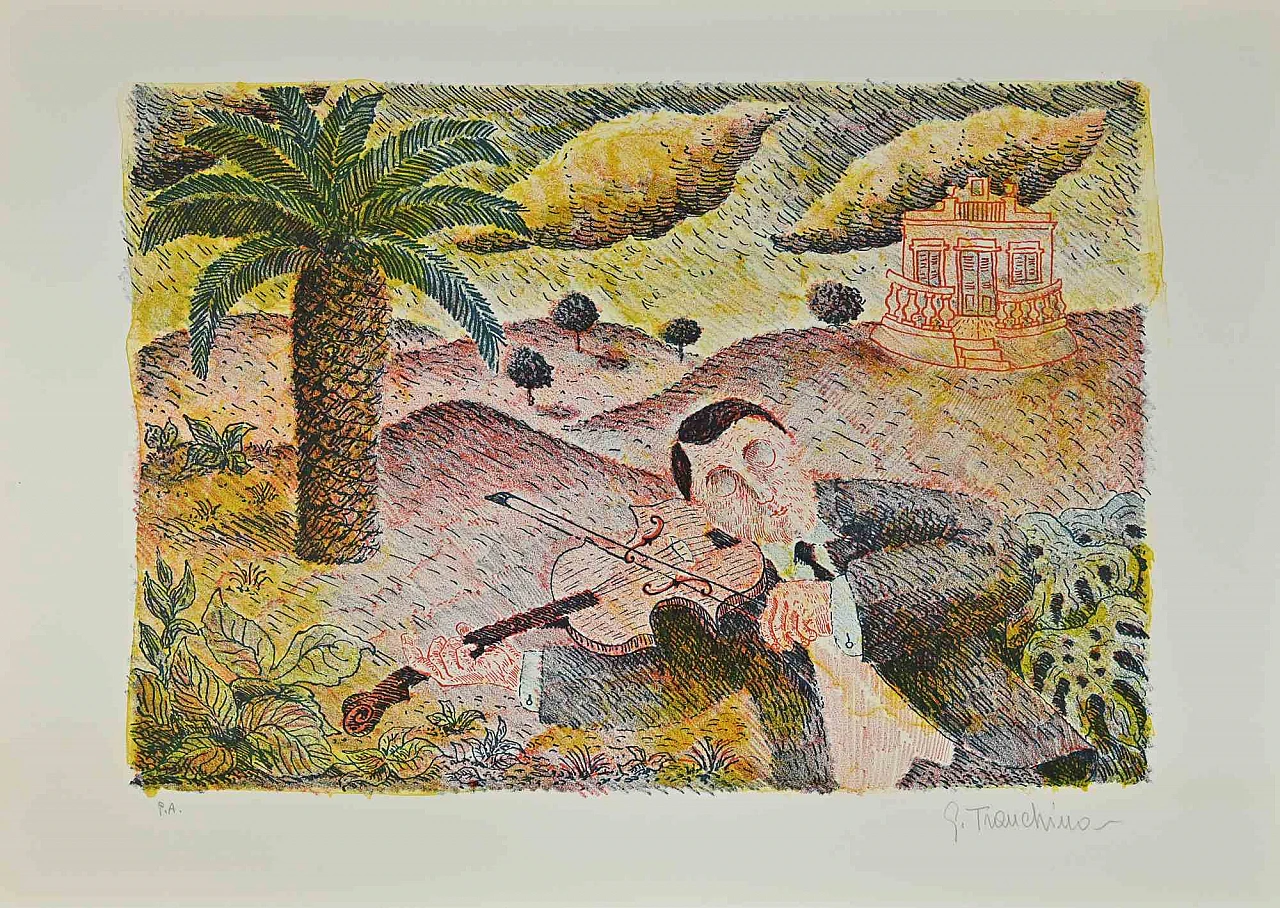 Gaetano Tranchino, Player and Palm, Lithograph 1960s-1970s 1