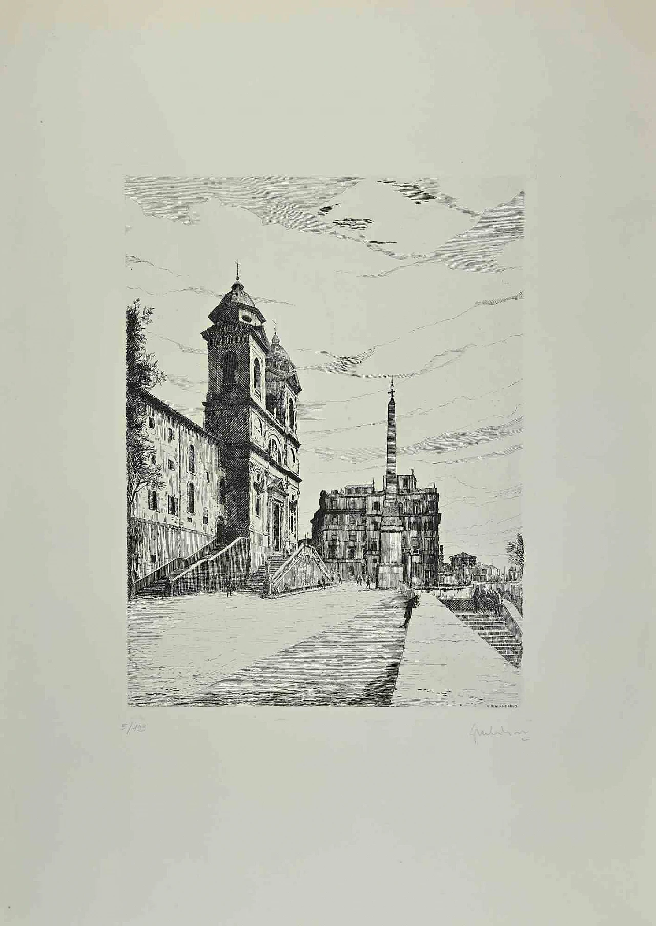 Giuseppe Malandrino, View of Trinità dé Monti, Etching 1960s-1970s 1
