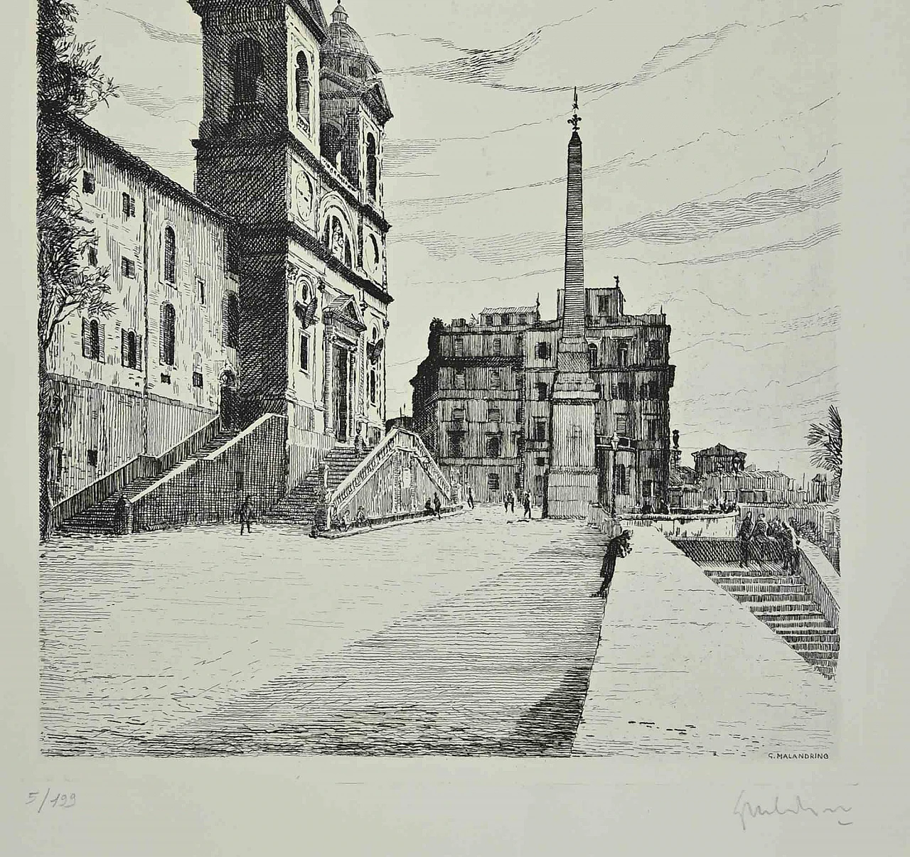 Giuseppe Malandrino, View of Trinità dé Monti, Etching 1960s-1970s 2