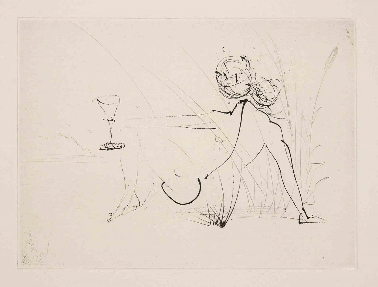 Salvador Dalì, Reclined Nude with Glass - from "Les Amours de Cassandre", Etching Drypoint 1960s-1970s 1