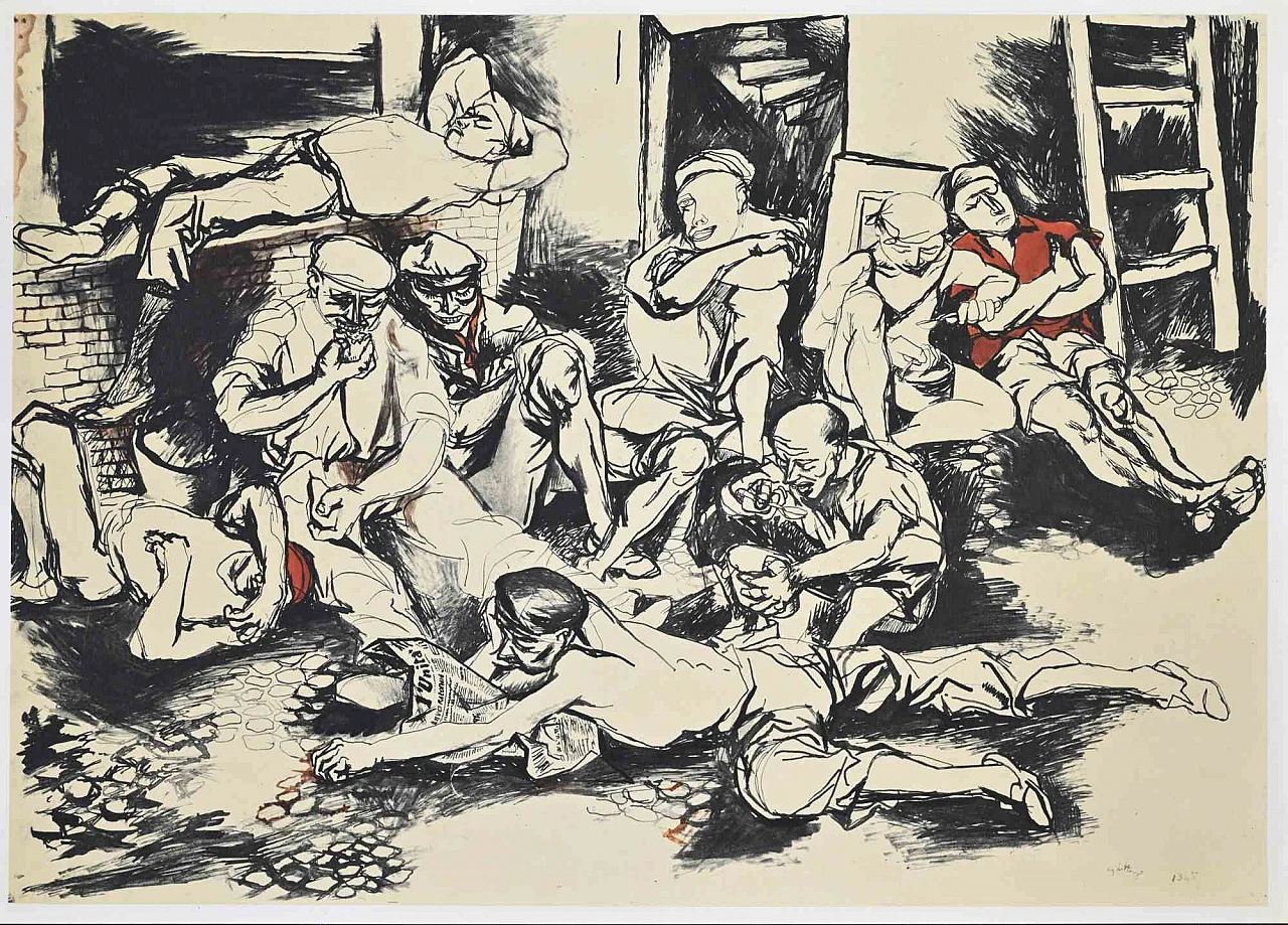 Renato Guttuso, Bricklayers at Rest, Photolithograph 1940s-1950s 1
