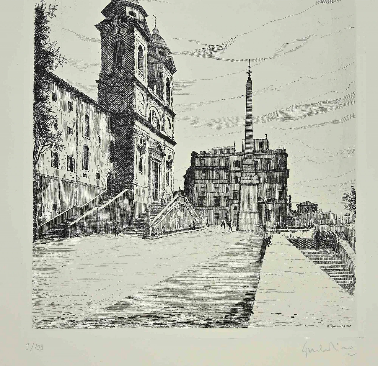 Giuseppe Malandrino, Spanish Steps, Etching 1960s-1970s 2