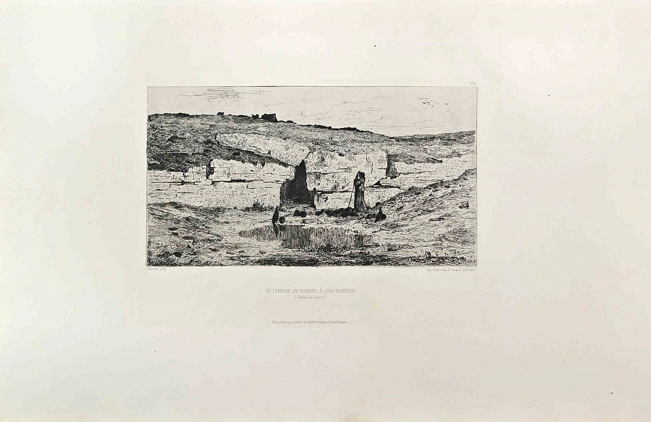 Armand Charnay, Un Terrier de Renard a Chateauneuf, Etching 19th century 1