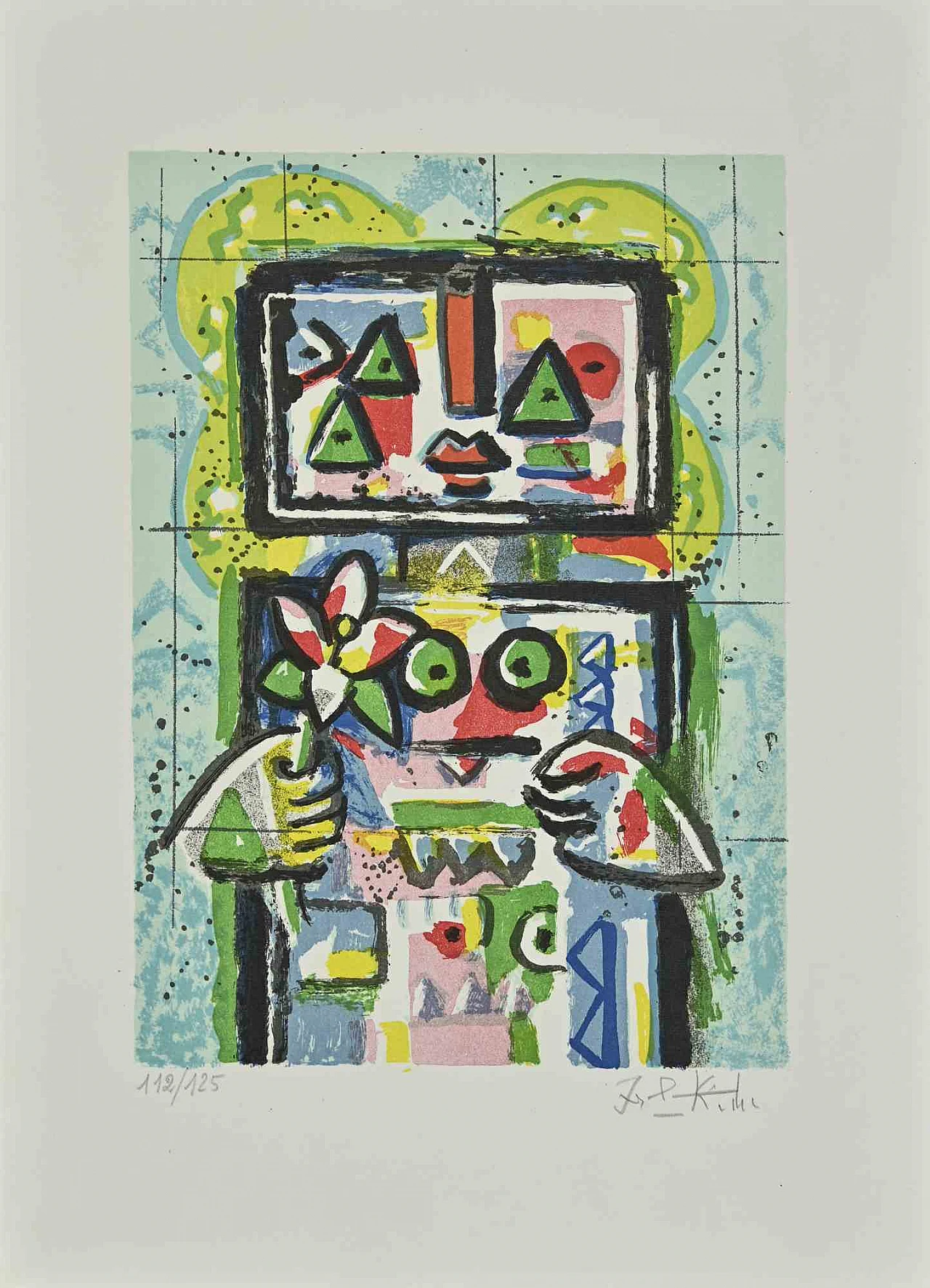 Ibrahim Kodra, Woman with Flower, Lithograph 1980s-1990s 1