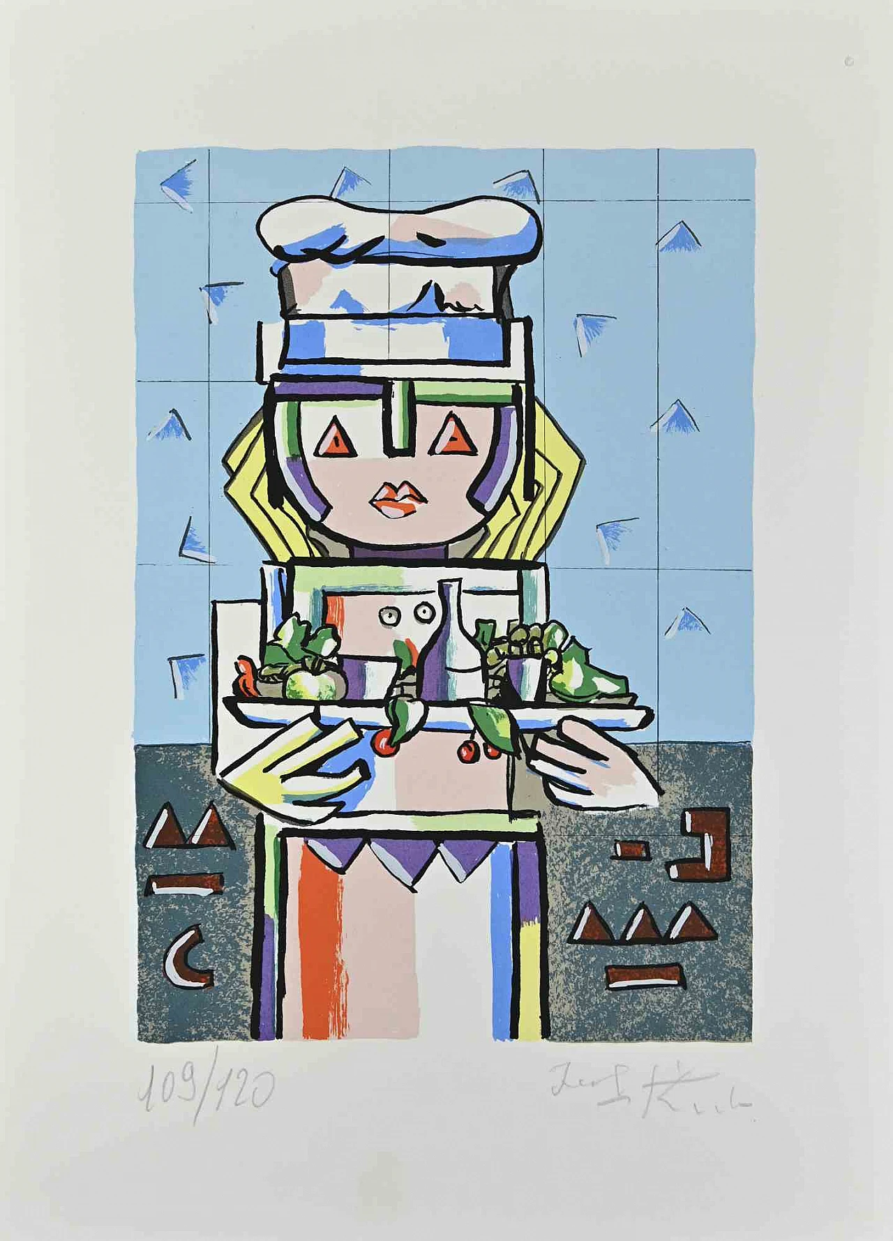 Ibrahim Kodra, Chef with Tray, Lithograph 1980s-1990s 1