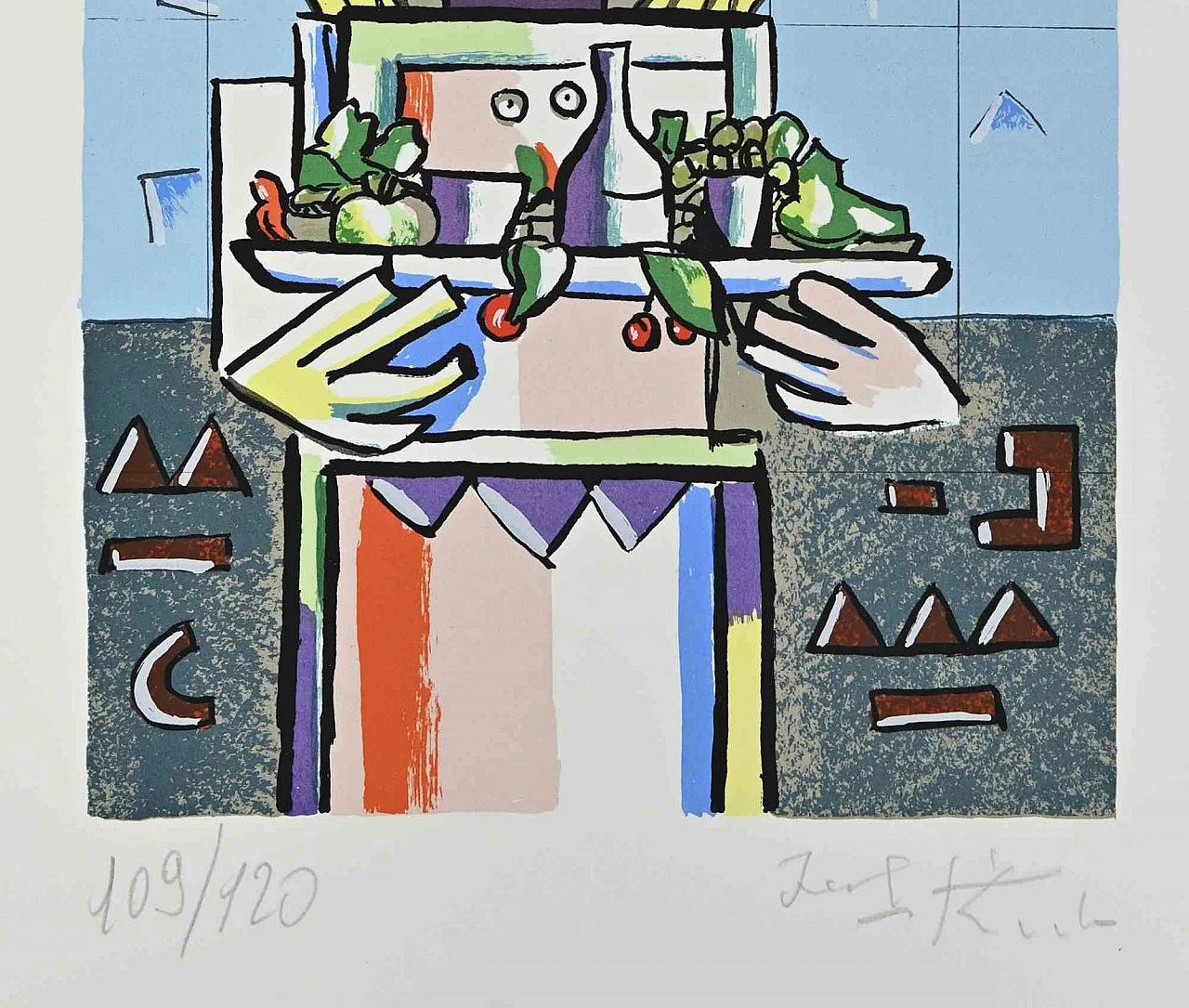 Ibrahim Kodra, Chef with Tray, Lithograph 1980s-1990s 2