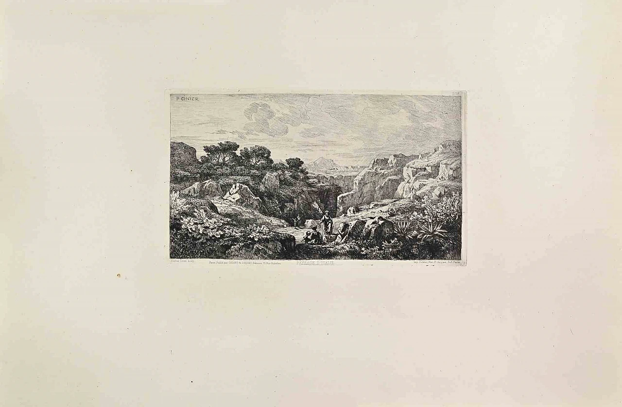 Pontus Cinier, Paysage d'Italie, Etching 19th century 1
