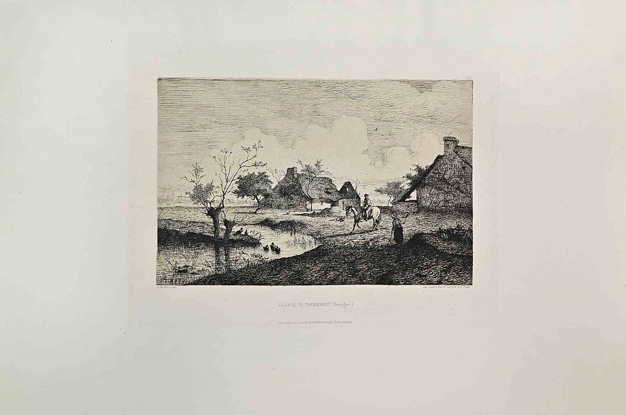Michel-Amédée Besnus, Village de Tremereuc, Etching 19th century 1