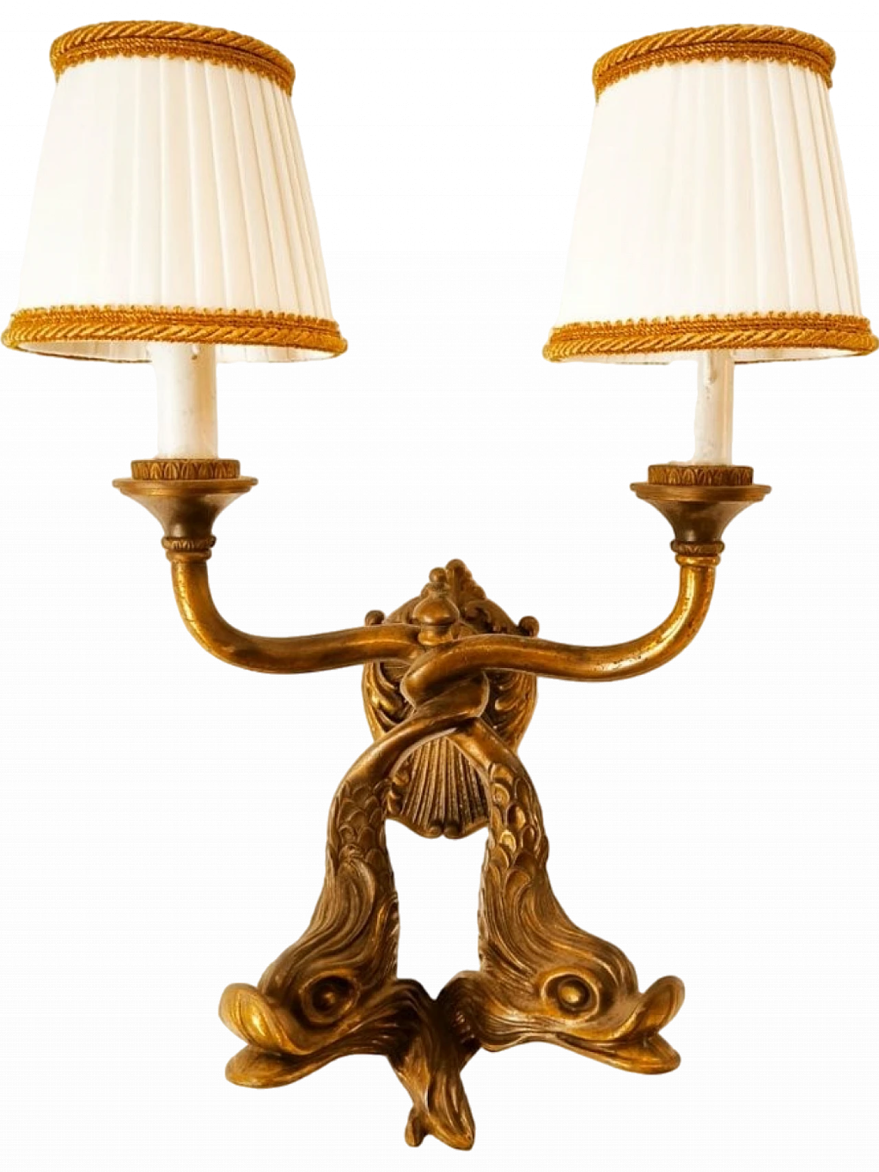 Applique in bronzo con pesci e paralumi in seta, anni '50 10