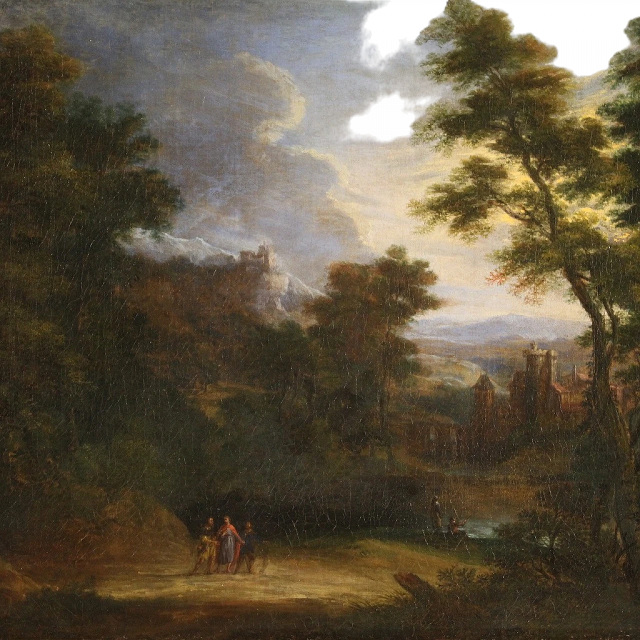 Flemish landscape painting with 17th century figures, the apparition 16