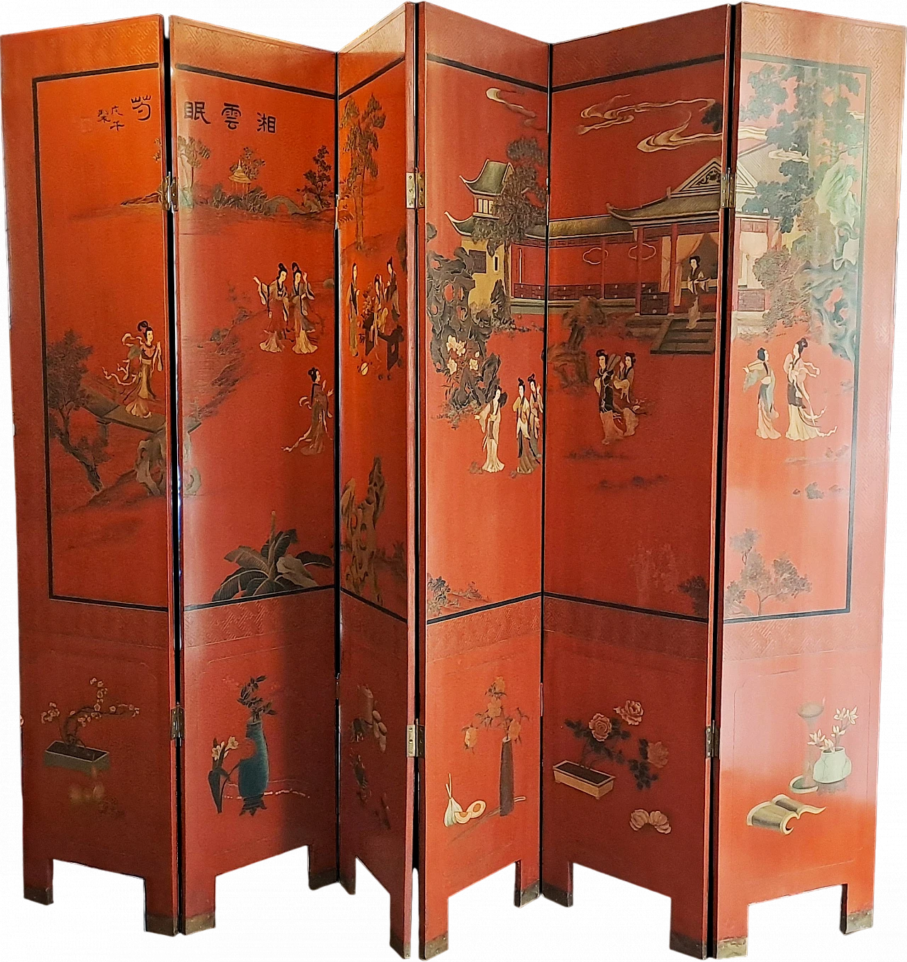 Paravento cinese laccato rosso e nero a sei pannelli, '900 11