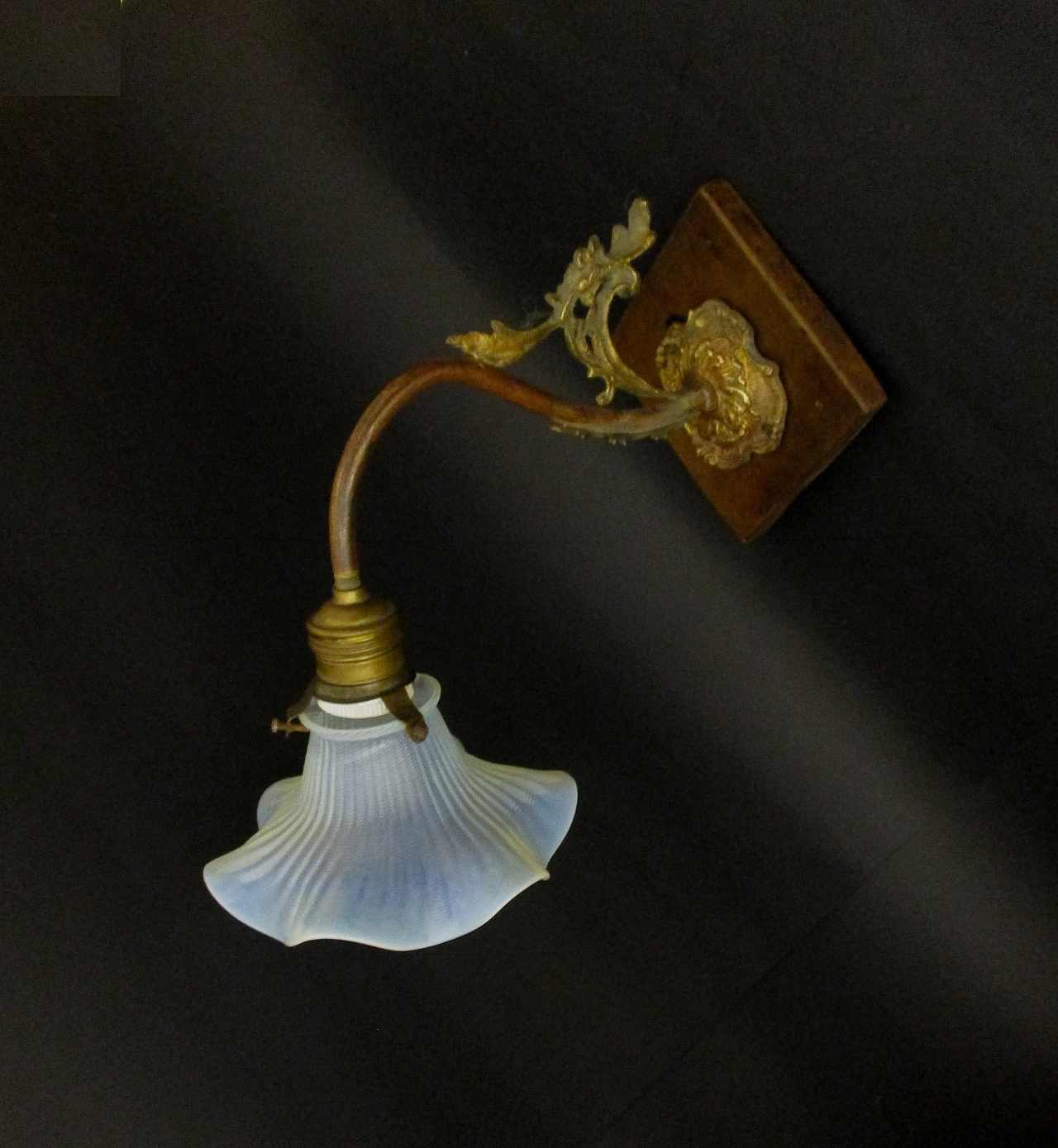 Liberty wall light in brass, wood, glass, opaline, 1900s 3