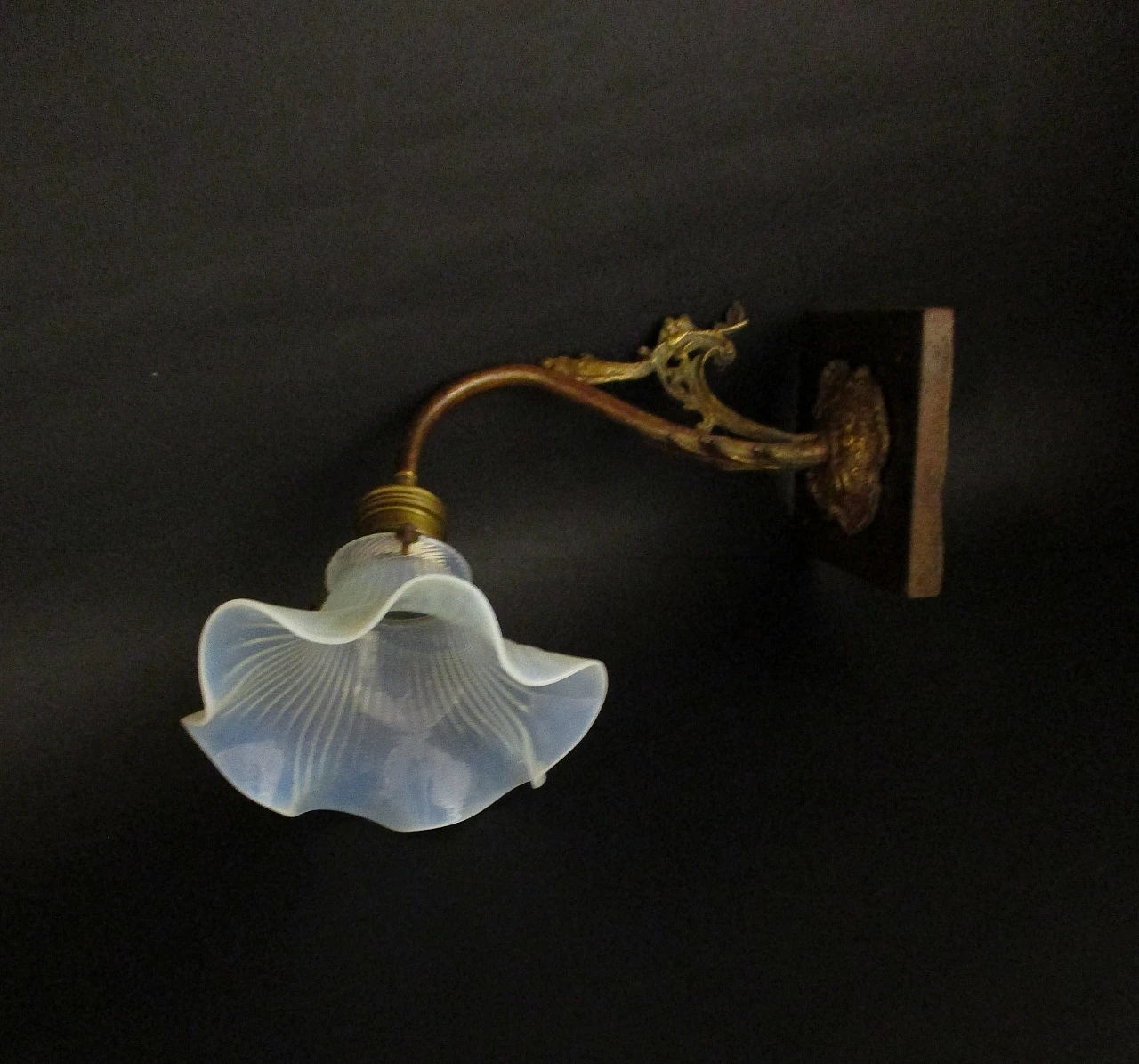 Liberty wall light in brass, wood, glass, opaline, 1900s 4