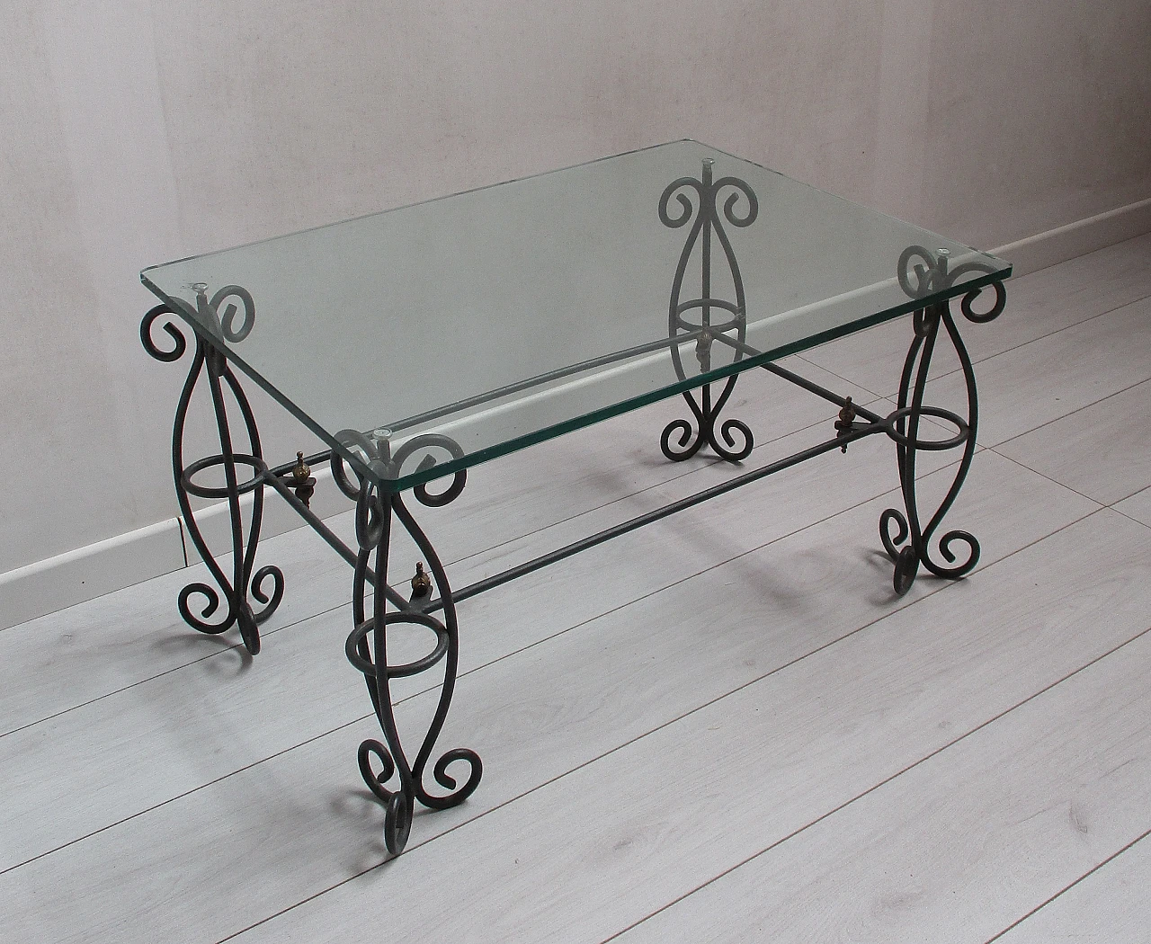 Wrought iron coffee table with glass top, 20th century 1