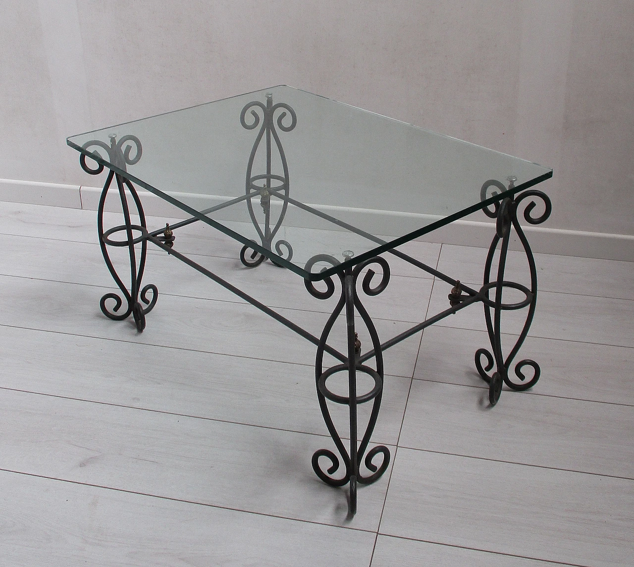 Wrought iron coffee table with glass top, 20th century 3