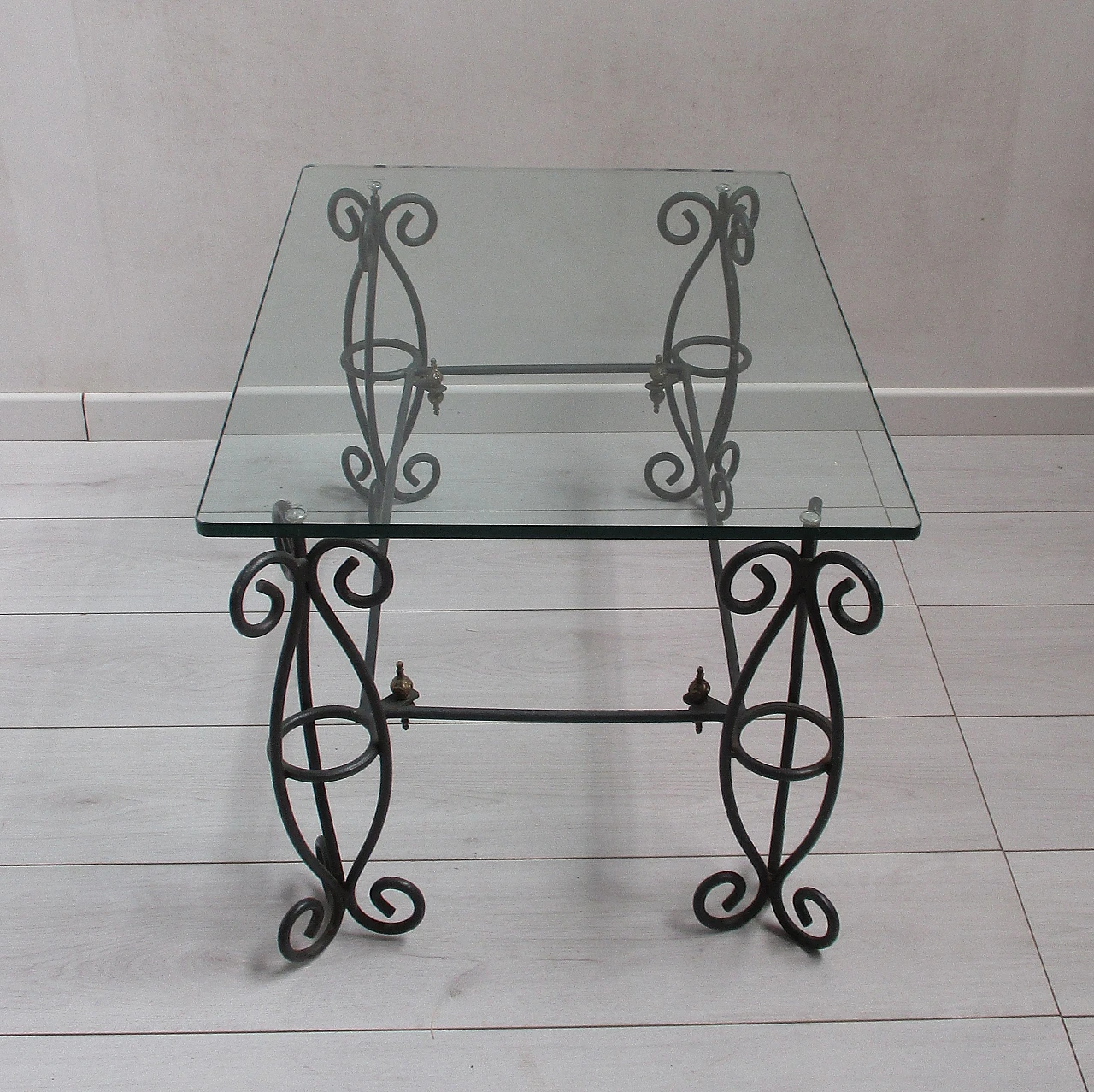 Wrought iron coffee table with glass top, 20th century 4