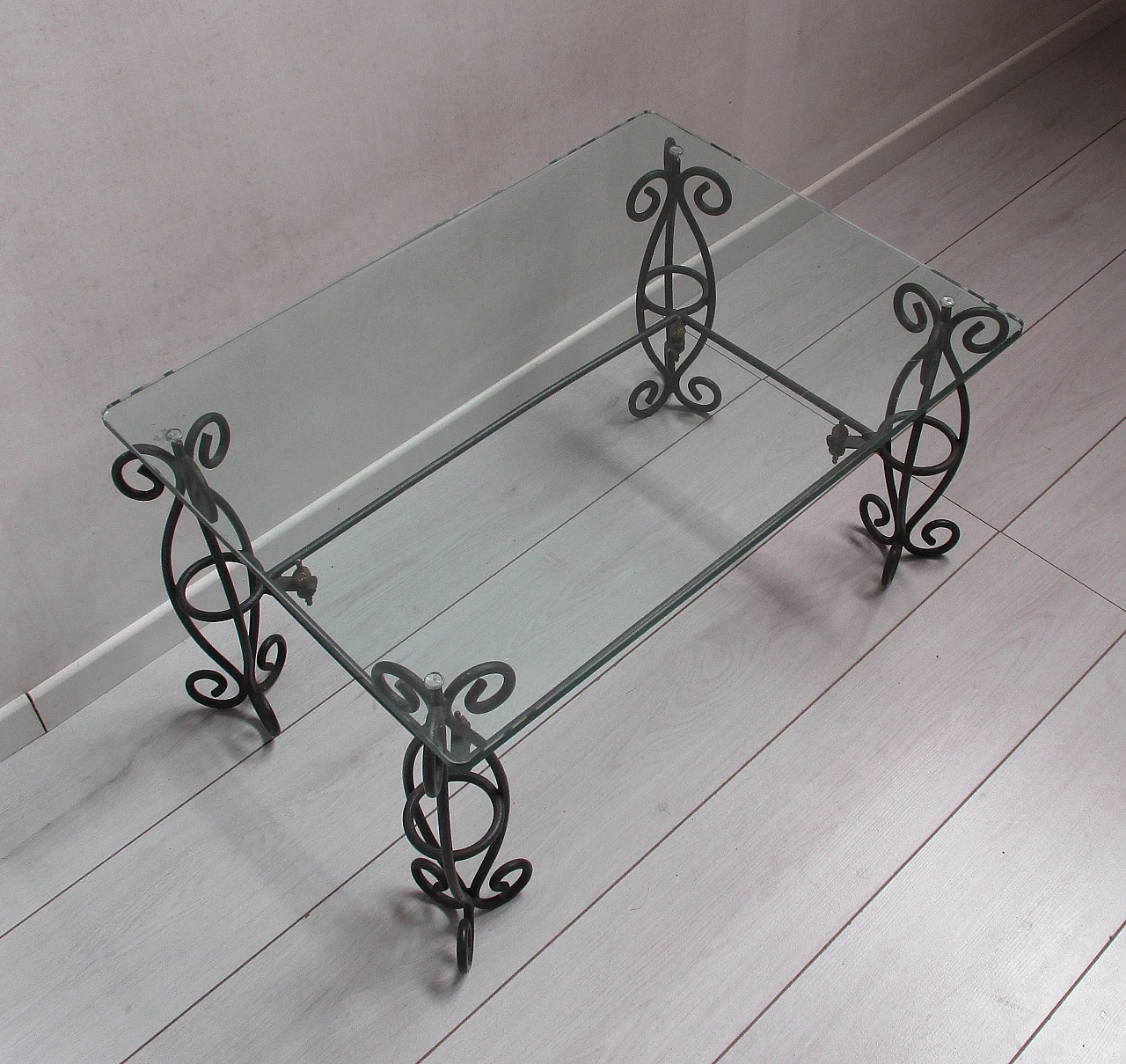 Wrought iron coffee table with glass top, 20th century 5