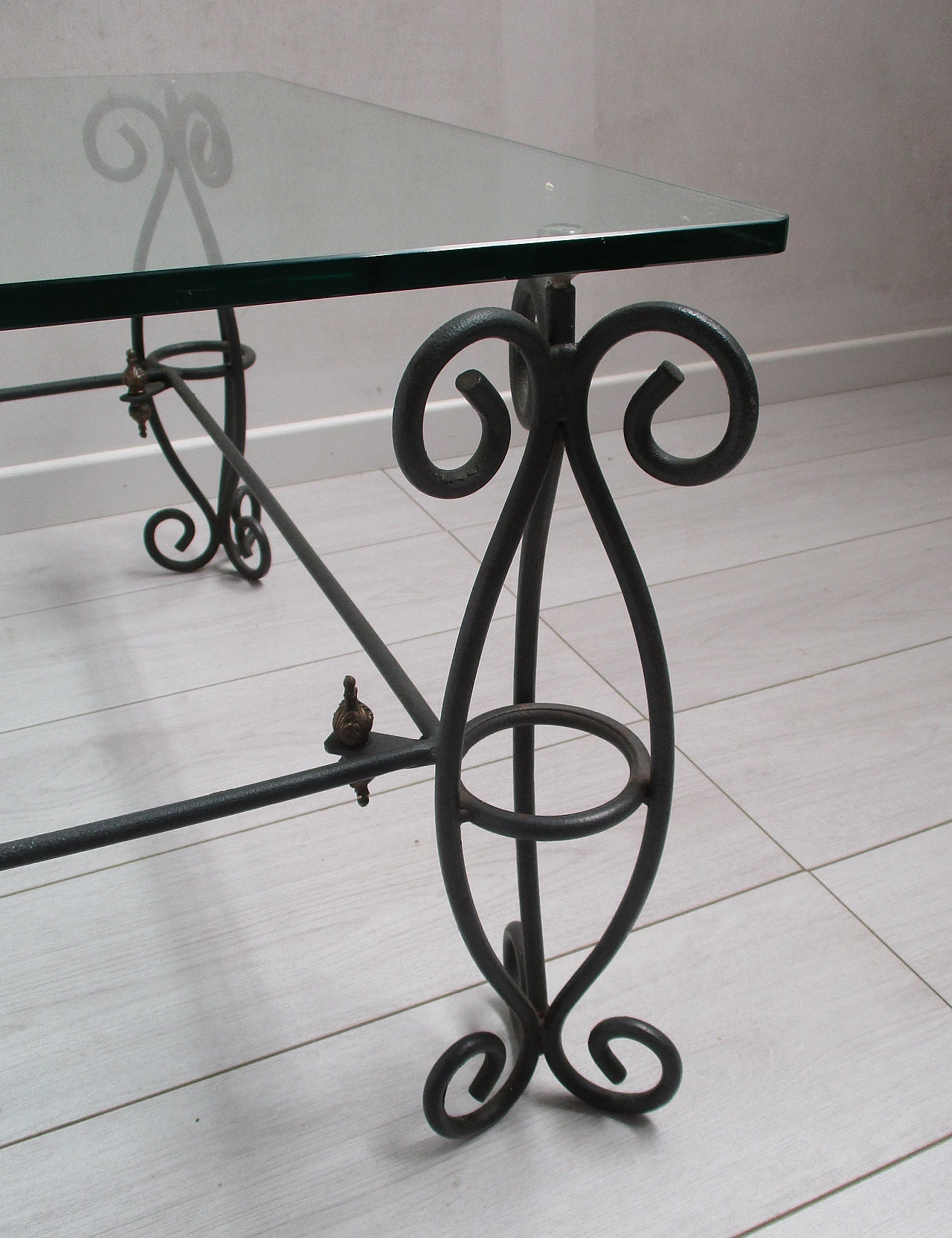Wrought iron coffee table with glass top, 20th century 6