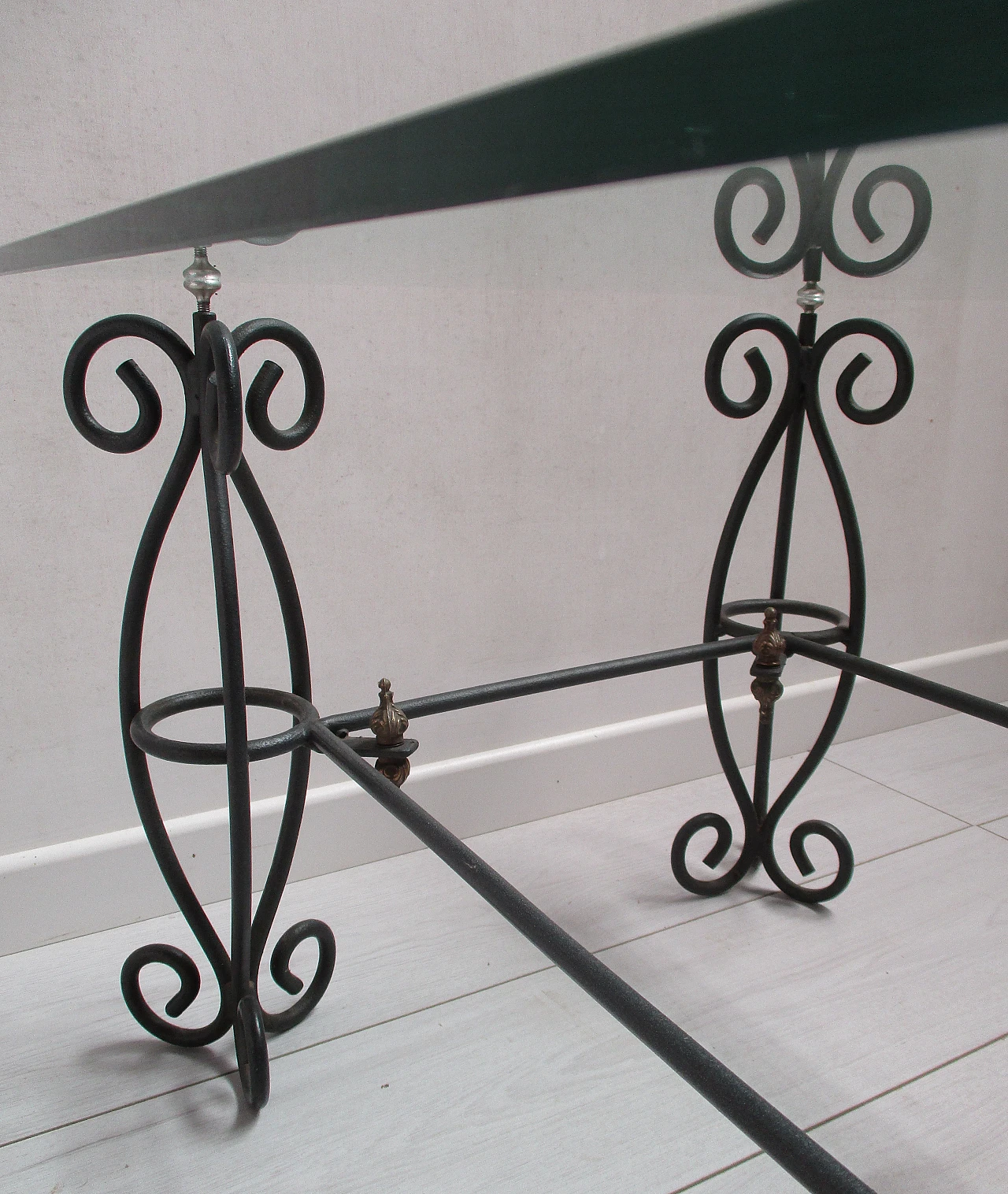 Wrought iron coffee table with glass top, 20th century 7