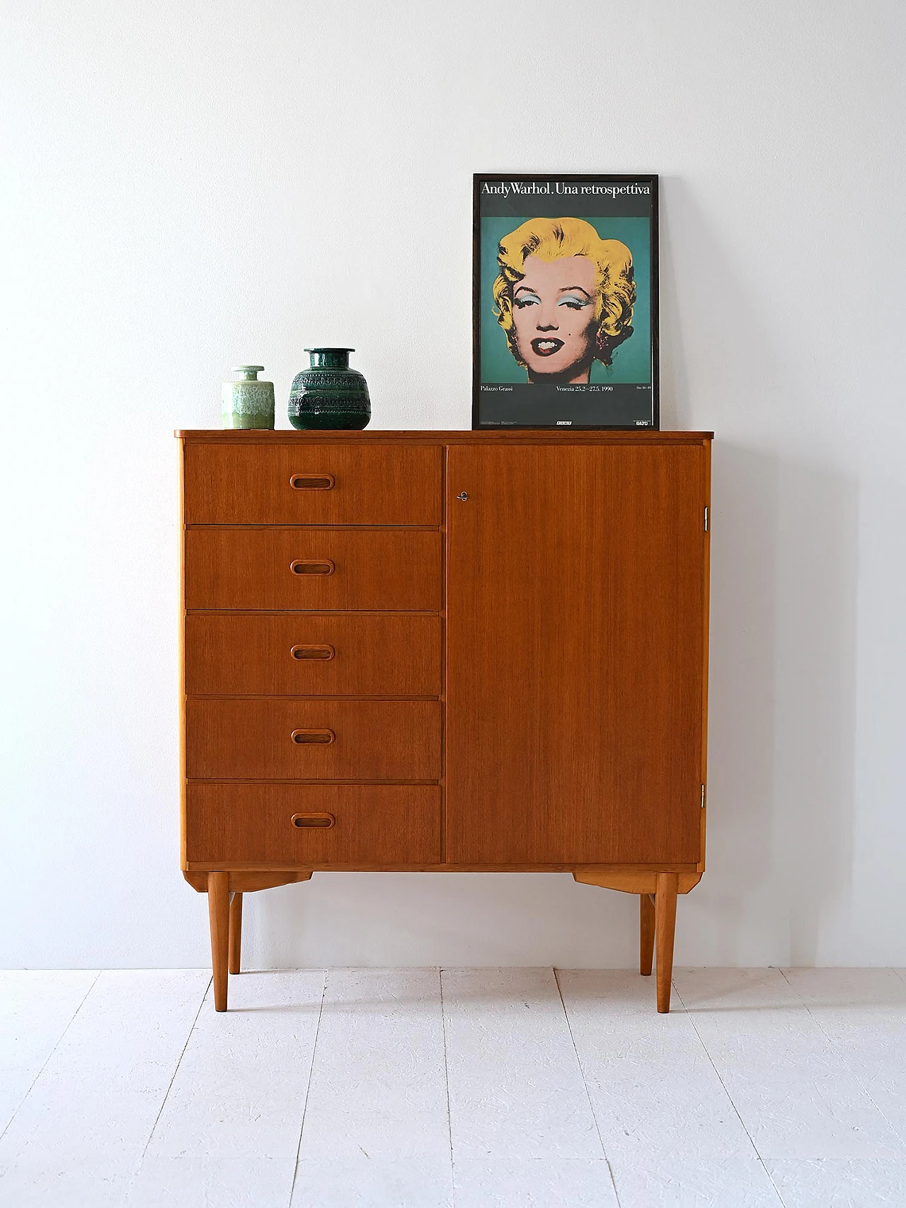 Scandinavian vintage cabinet with door and drawers 1