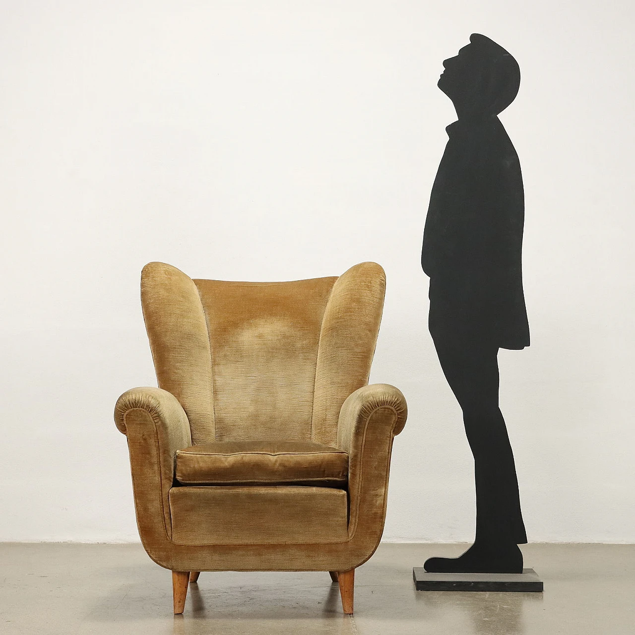 Velvet armchair with wooden legs, 1950s 2