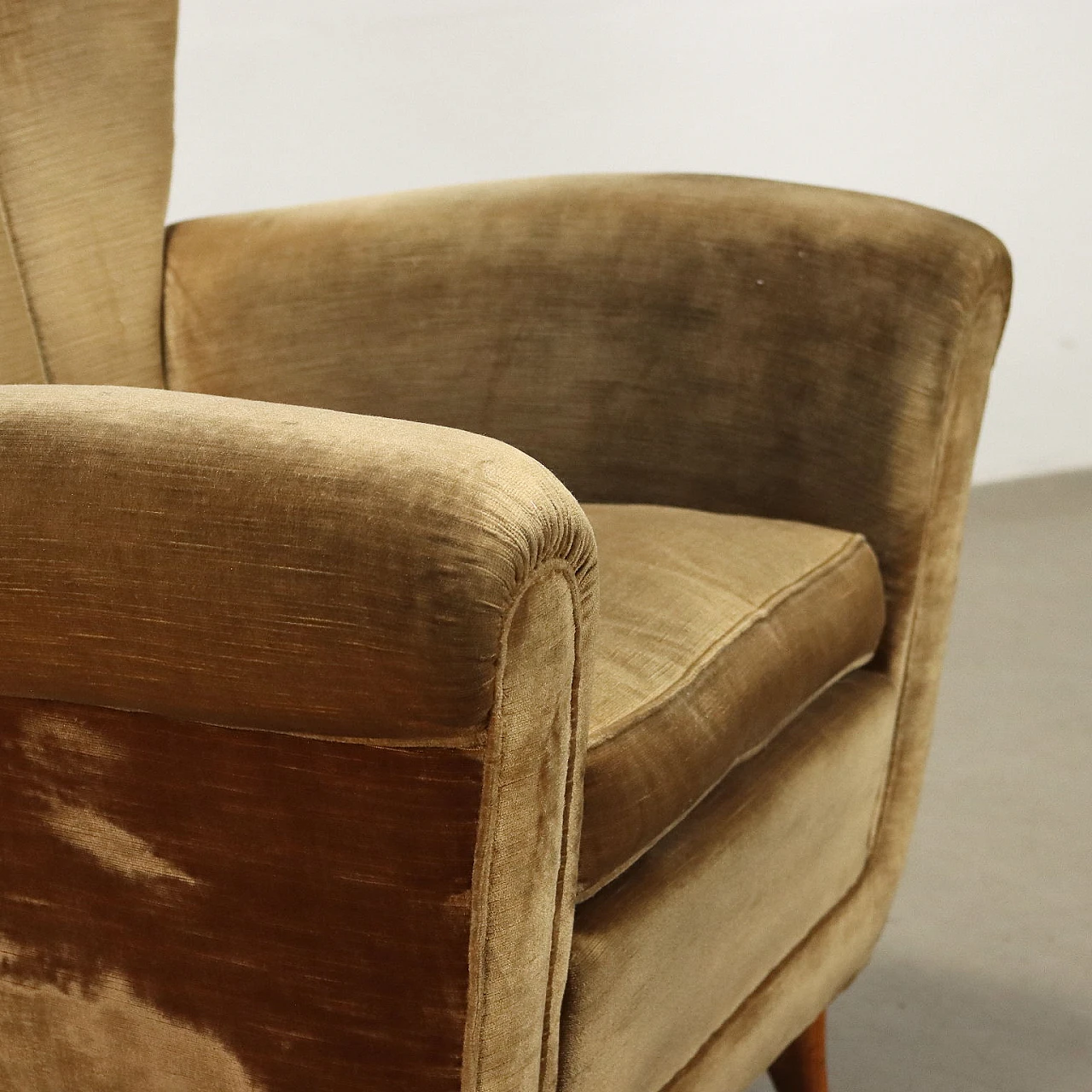 Velvet armchair with wooden legs, 1950s 5