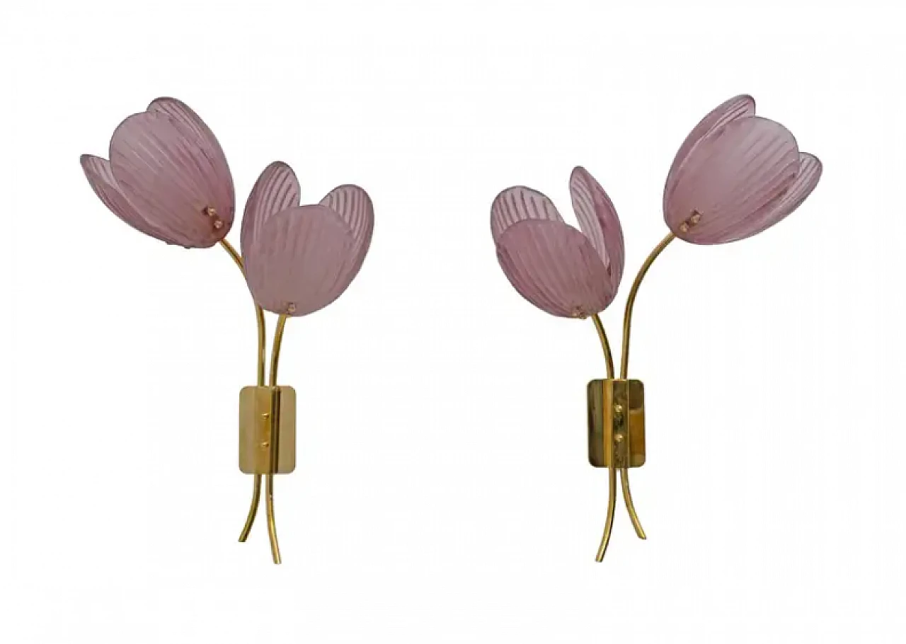 Pair of Tulips Murano glass and brass sconces, 2000s 1