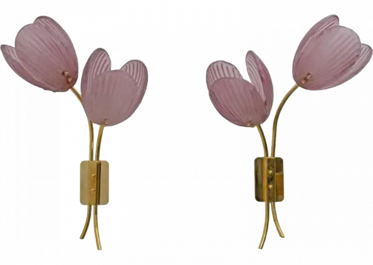 Pair of Tulips Murano glass and brass sconces, 2000s 10