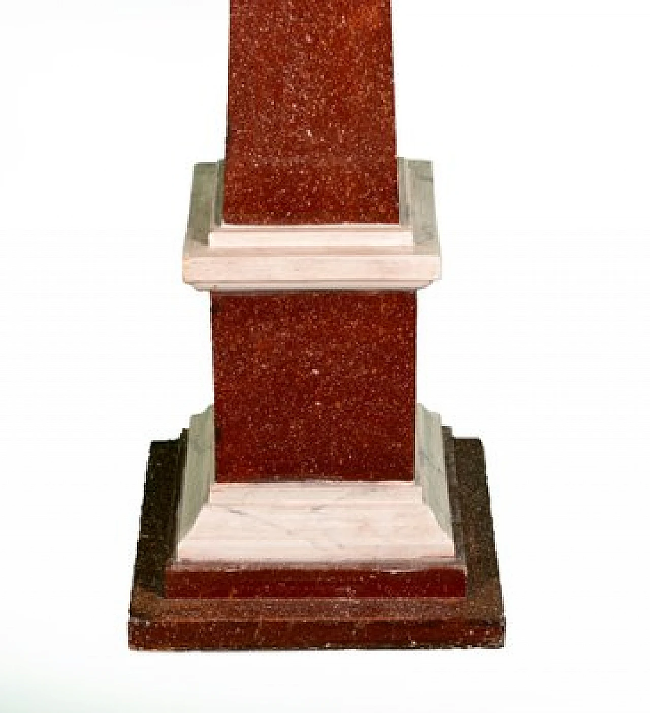 Lacquered wooden obelisk in porphyry and white Carrara, 1970s 2