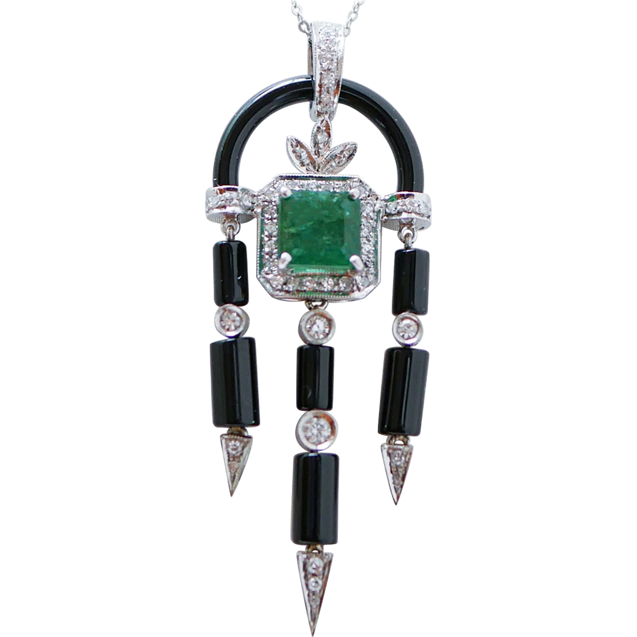 Emerald, Diamonds, Onyx, Platinum and White Gold Pendant Necklace. 9
