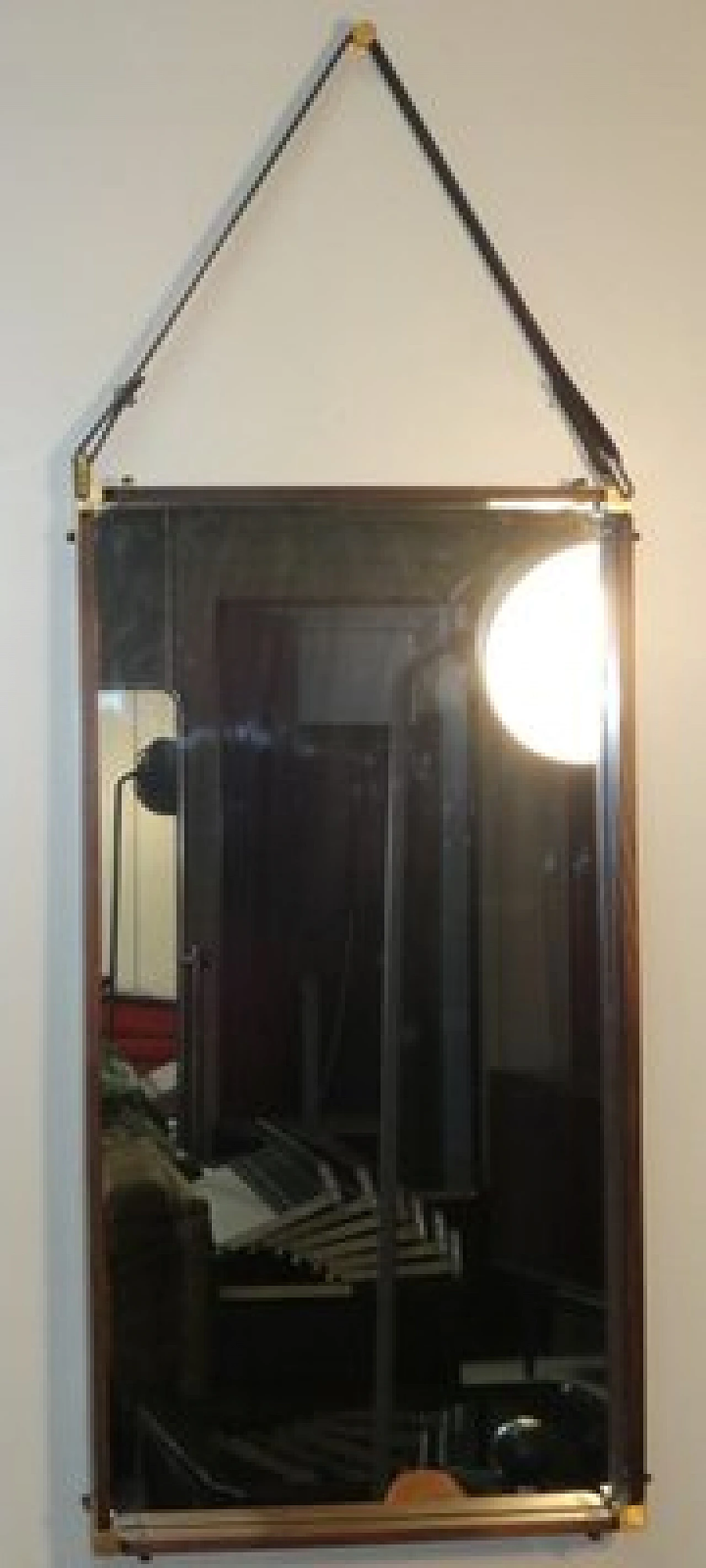 Wall mirror in teak, brass and leather, 1960s 2