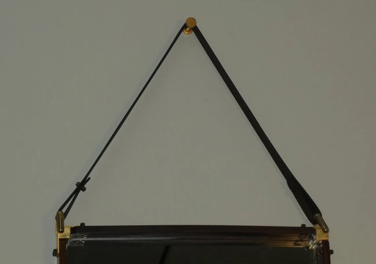 Wall mirror in teak, brass and leather, 1960s 4