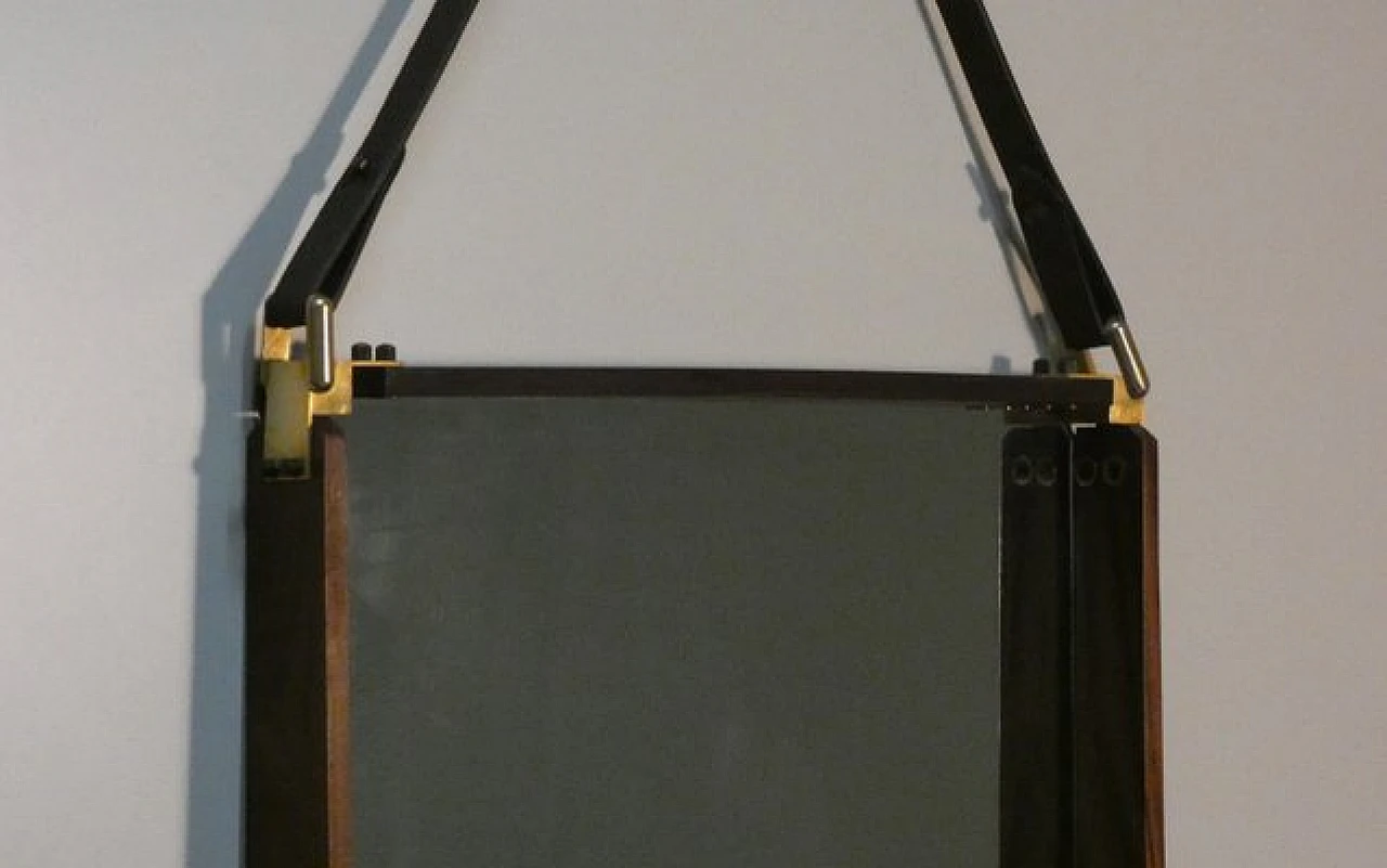 Wall mirror in teak, brass and leather, 1960s 5