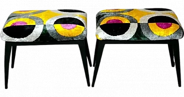 Coppia di panche in legno e velluto di seta Ikat, anni '50