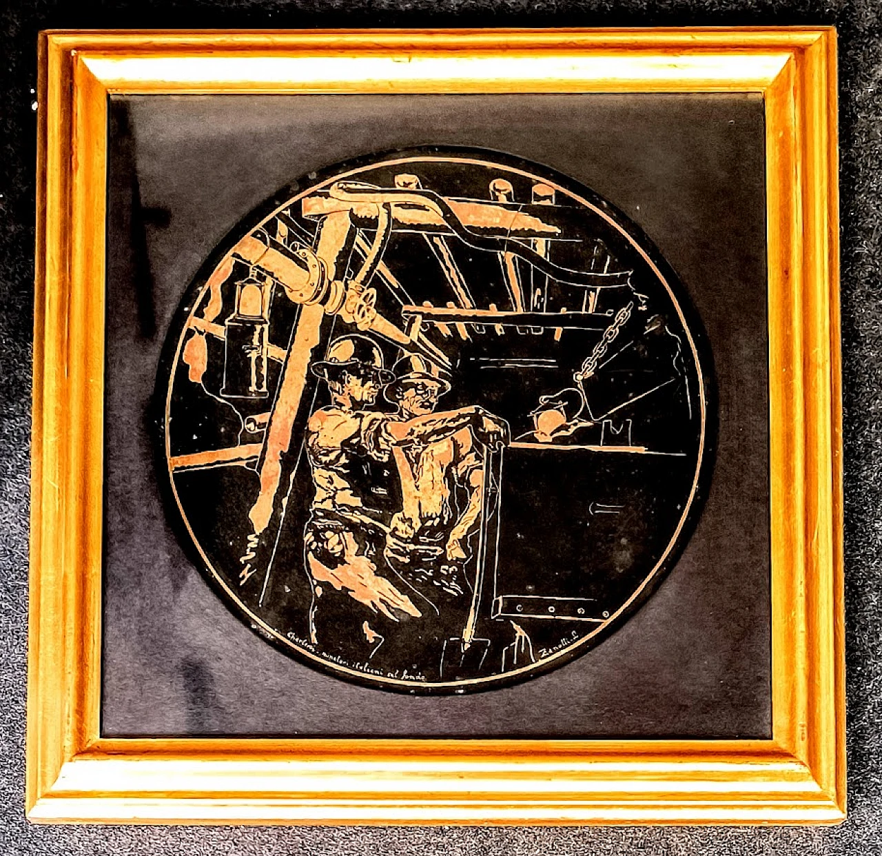 Miners in Charleroi, painted and engraved copper roundel, 1960 1