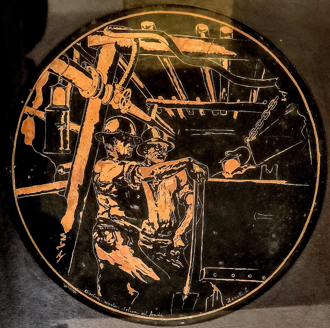 Miners in Charleroi, painted and engraved copper roundel, 1960 2
