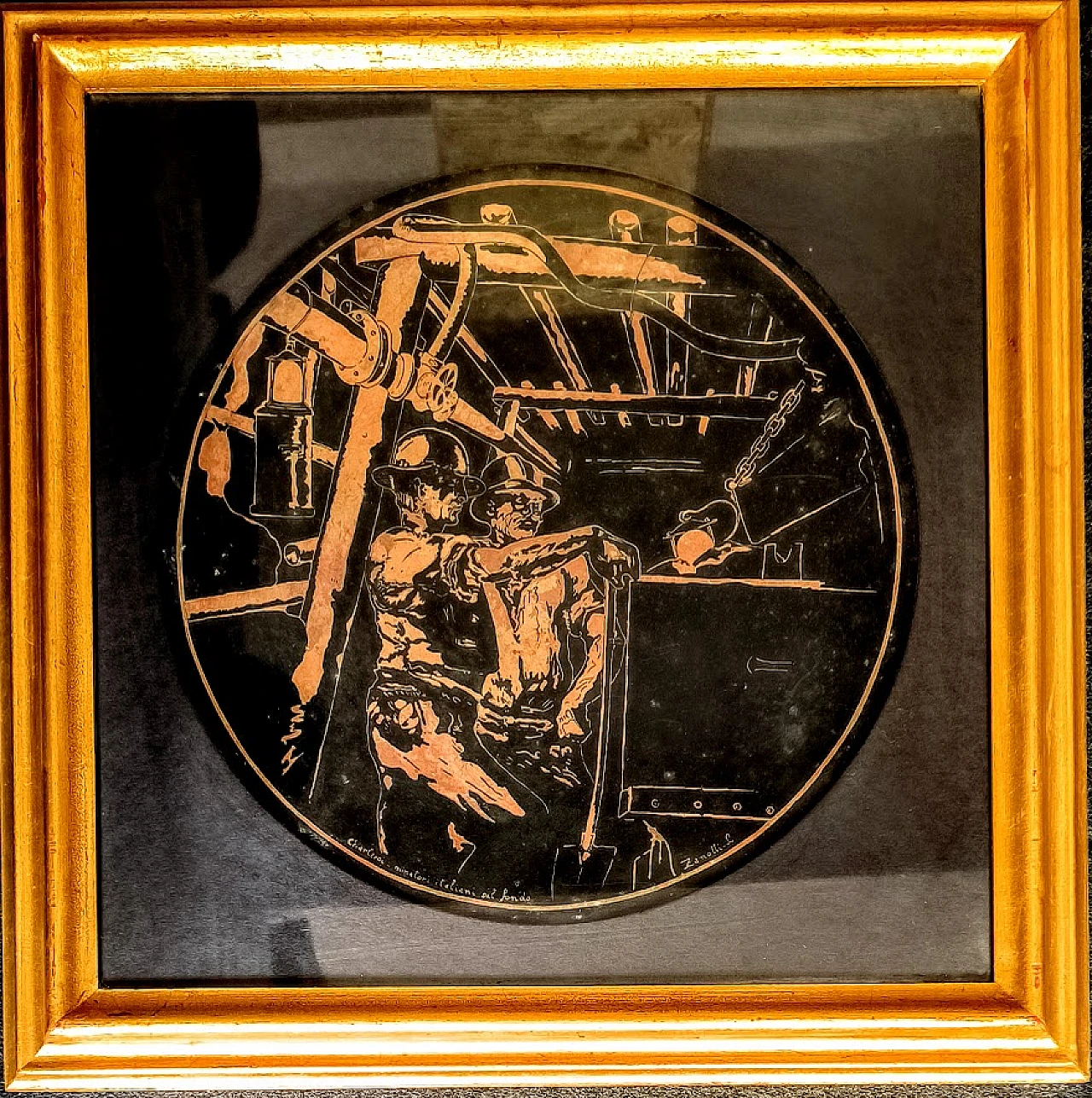 Miners in Charleroi, painted and engraved copper roundel, 1960 3
