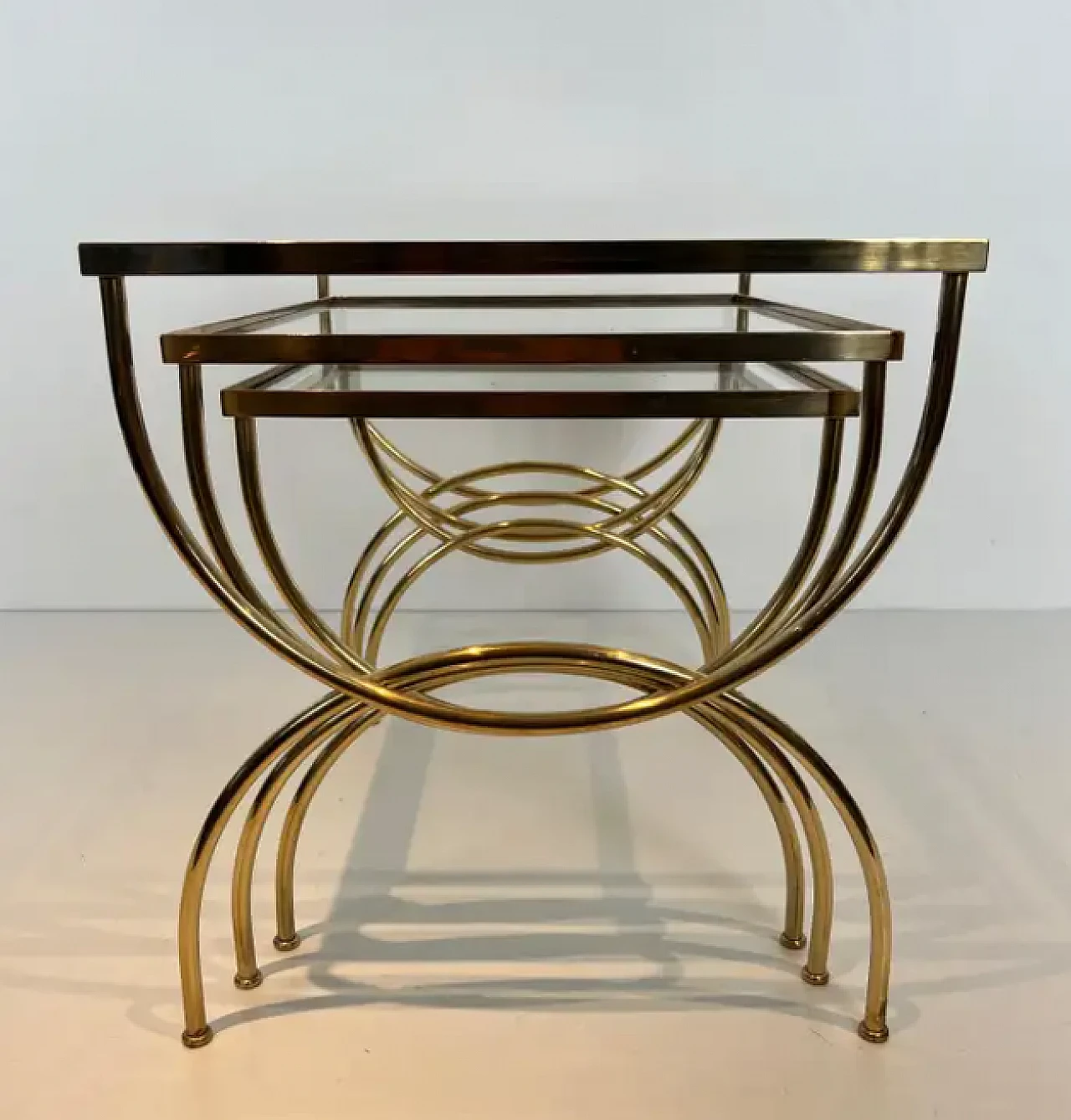 3 Brass nest side tables with arched base, 1940s 4