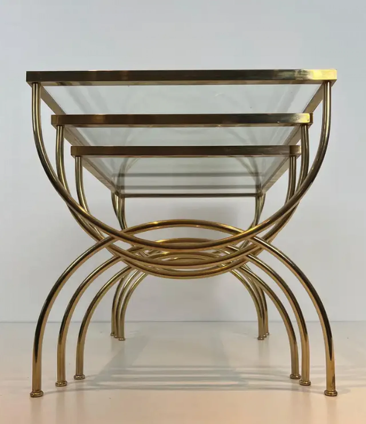 3 Brass nest side tables with arched base, 1940s 5